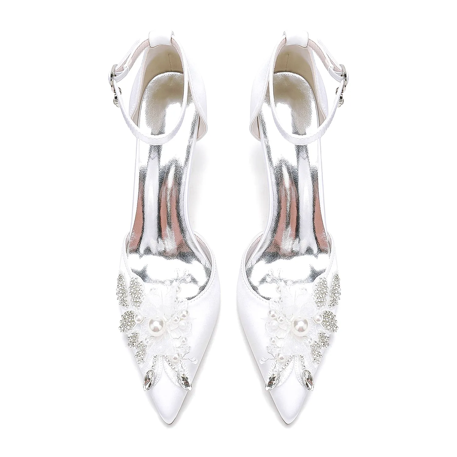 Closed Toe Wedding Shoes Satin Pearl Beads Ankle Strap Pump Bridal Heels
