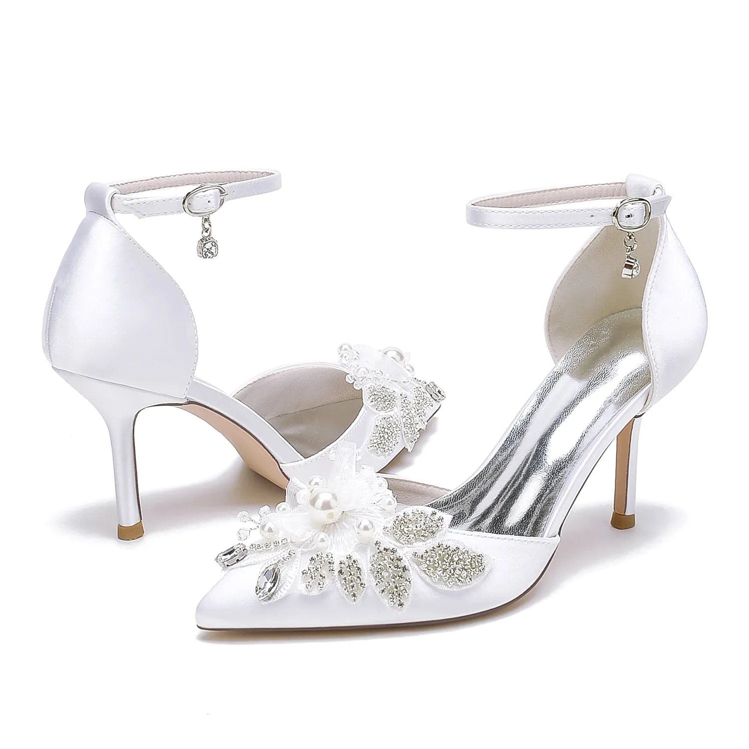 Closed Toe Wedding Shoes Satin Pearl Beads Ankle Strap Pump Bridal Heels