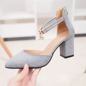 Concise Elegant Pointed High Heels Fashion Comfort Thick with Womens Shoes Black Suede Single Shoes Professional Work Shoes