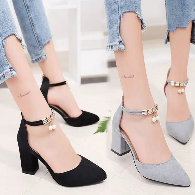 Concise Elegant Pointed High Heels Fashion Comfort Thick with Womens Shoes Black Suede Single Shoes Professional Work Shoes