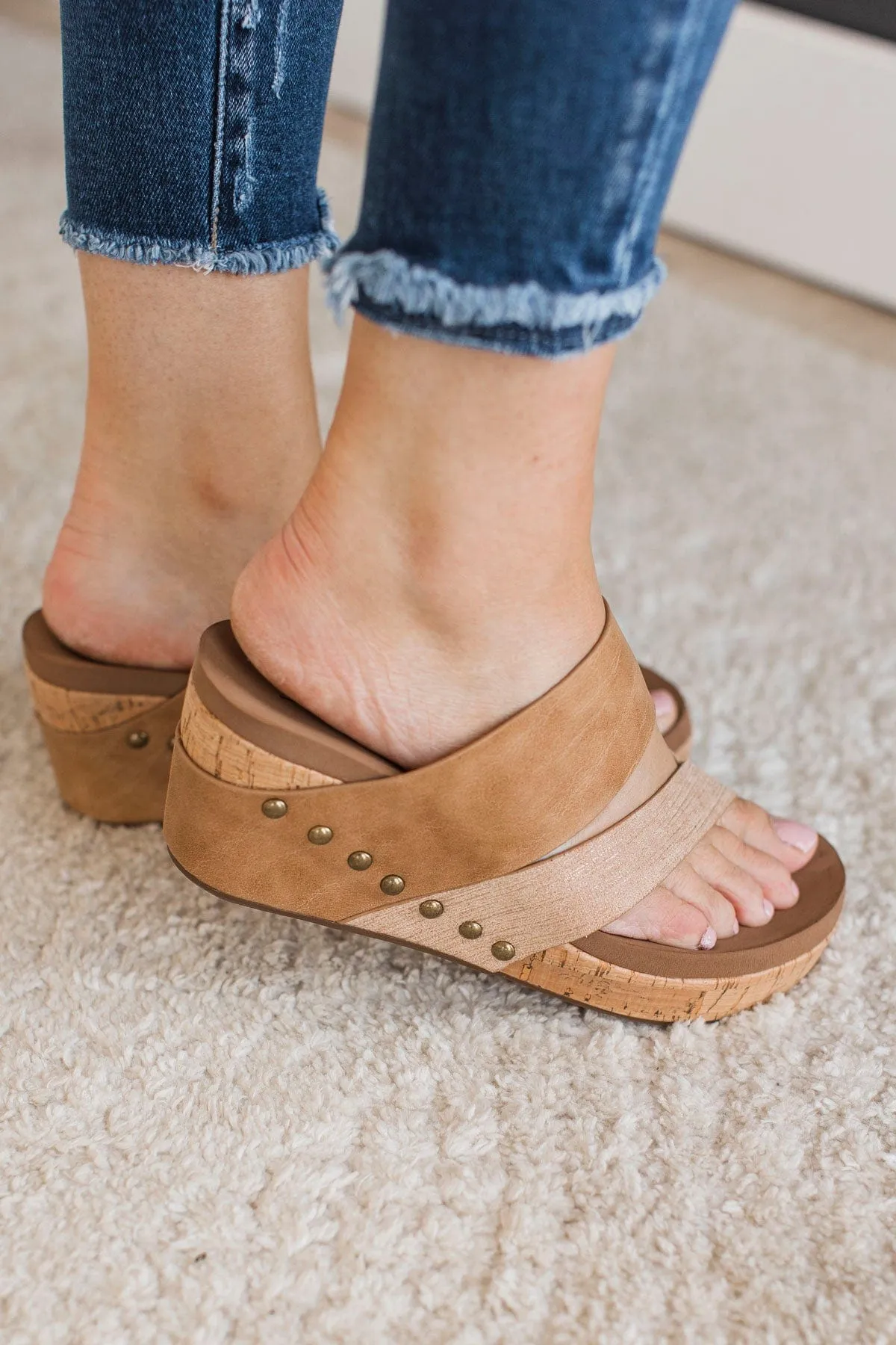 Corky's Bashful Wedge Sandals- Caramel