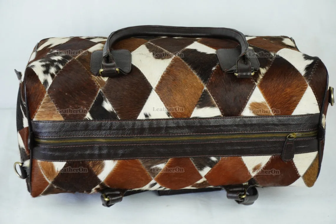 Cowhide Patchwork Duffel Bag | Tricolor Cowhide Duffel Bag | Hair-On-Leather Travel Bag | Cowhide Luggage Bag | Handmade Duffel Bag | DB94