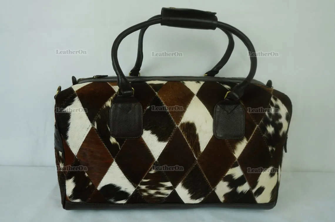 Cowhide Patchwork Duffel Bag | Tricolor Cowhide Duffel Bag | Hair-On-Leather Travel Bag | Cowhide Luggage Bag | Handmade Duffel Bag | DB94