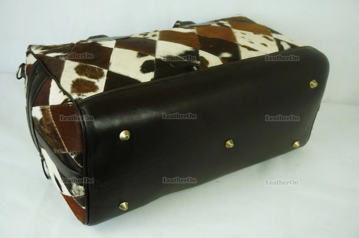 Cowhide Patchwork Duffel Bag | Tricolor Cowhide Duffel Bag | Hair-On-Leather Travel Bag | Cowhide Luggage Bag | Handmade Duffel Bag | DB94
