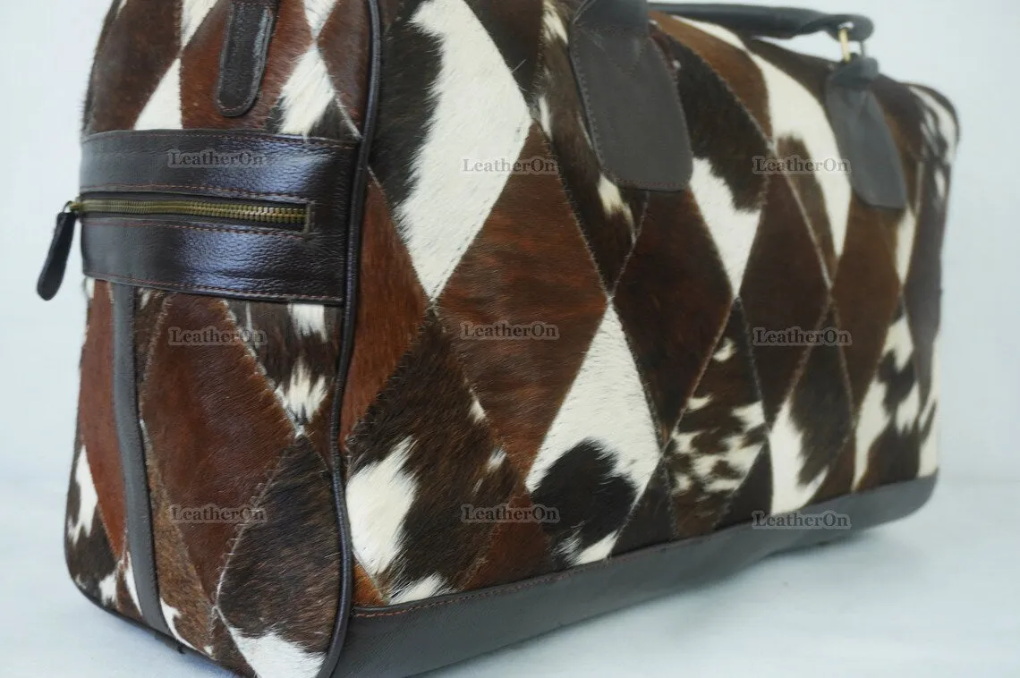 Cowhide Patchwork Duffel Bag | Tricolor Cowhide Duffel Bag | Hair-On-Leather Travel Bag | Cowhide Luggage Bag | Handmade Duffel Bag | DB94