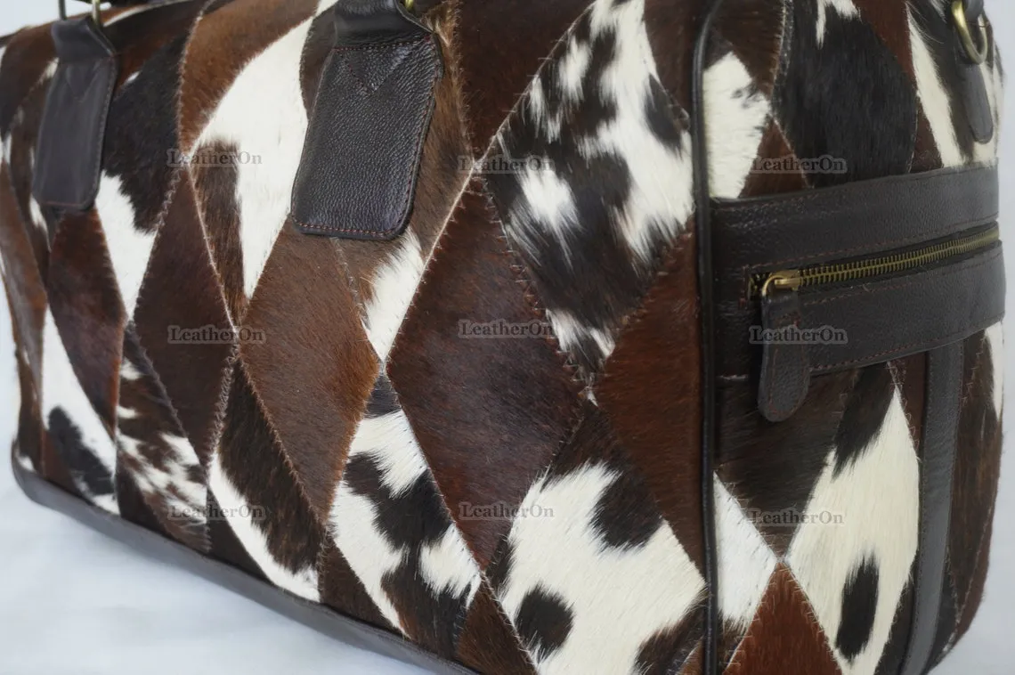 Cowhide Patchwork Duffel Bag | Tricolor Cowhide Duffel Bag | Hair-On-Leather Travel Bag | Cowhide Luggage Bag | Handmade Duffel Bag | DB94