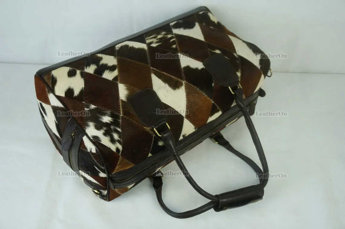 Cowhide Patchwork Duffel Bag | Tricolor Cowhide Duffel Bag | Hair-On-Leather Travel Bag | Cowhide Luggage Bag | Handmade Duffel Bag | DB94
