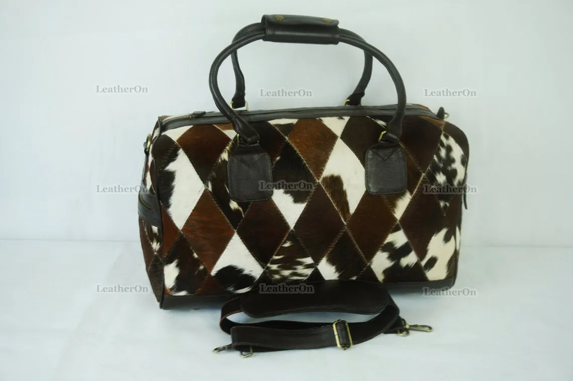 Cowhide Patchwork Duffel Bag | Tricolor Cowhide Duffel Bag | Hair-On-Leather Travel Bag | Cowhide Luggage Bag | Handmade Duffel Bag | DB94