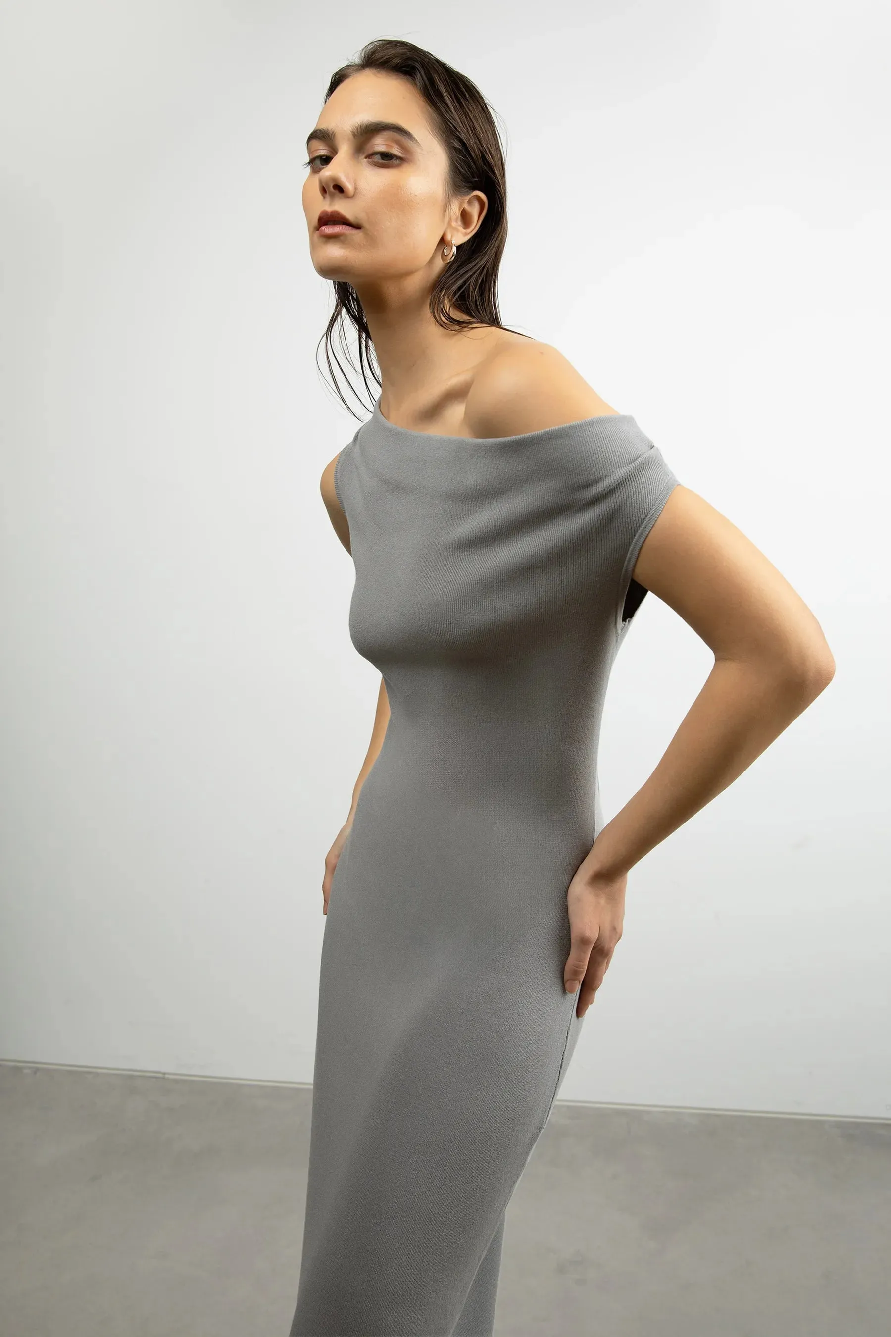Cowl Neckline Off Shoulder Midi Dress