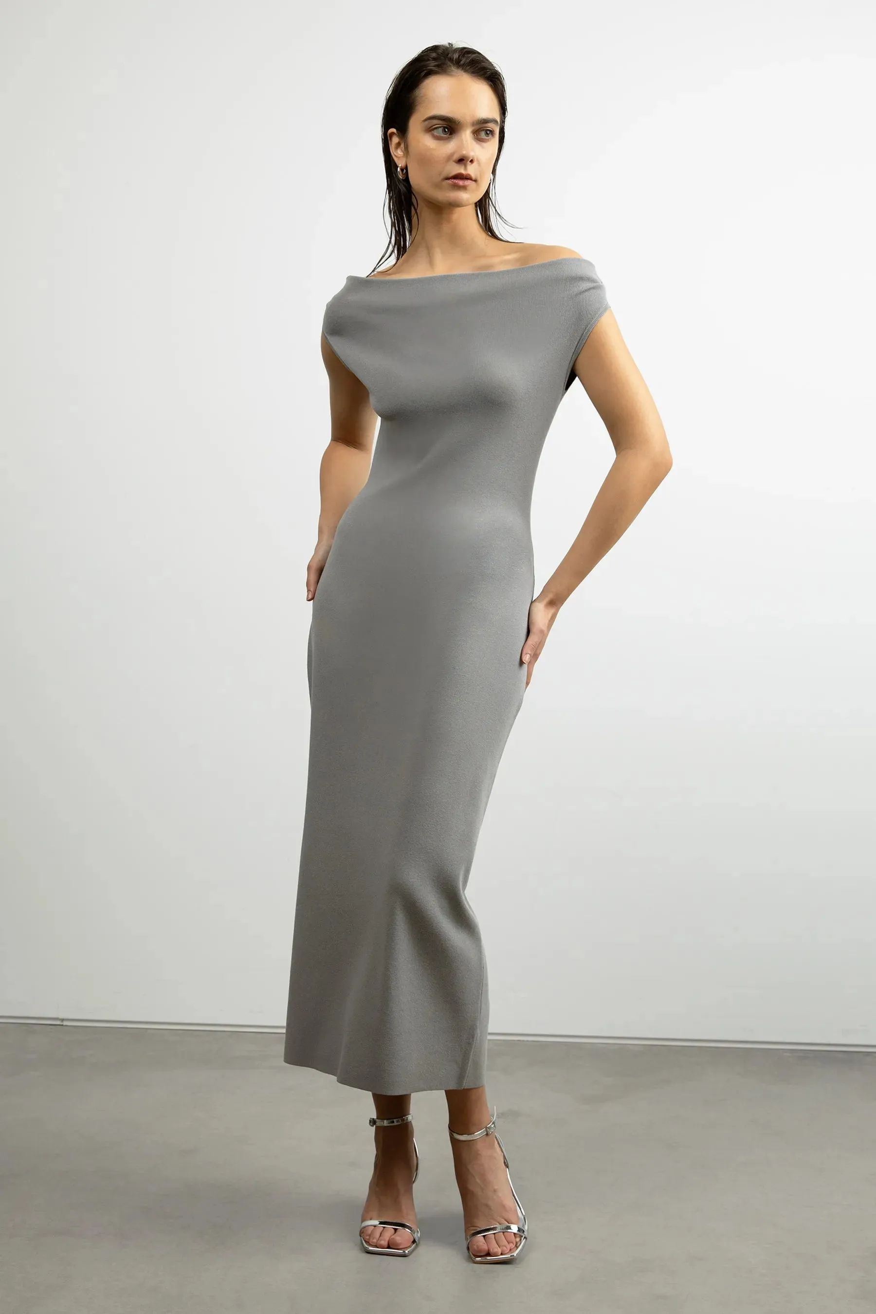 Cowl Neckline Off Shoulder Midi Dress