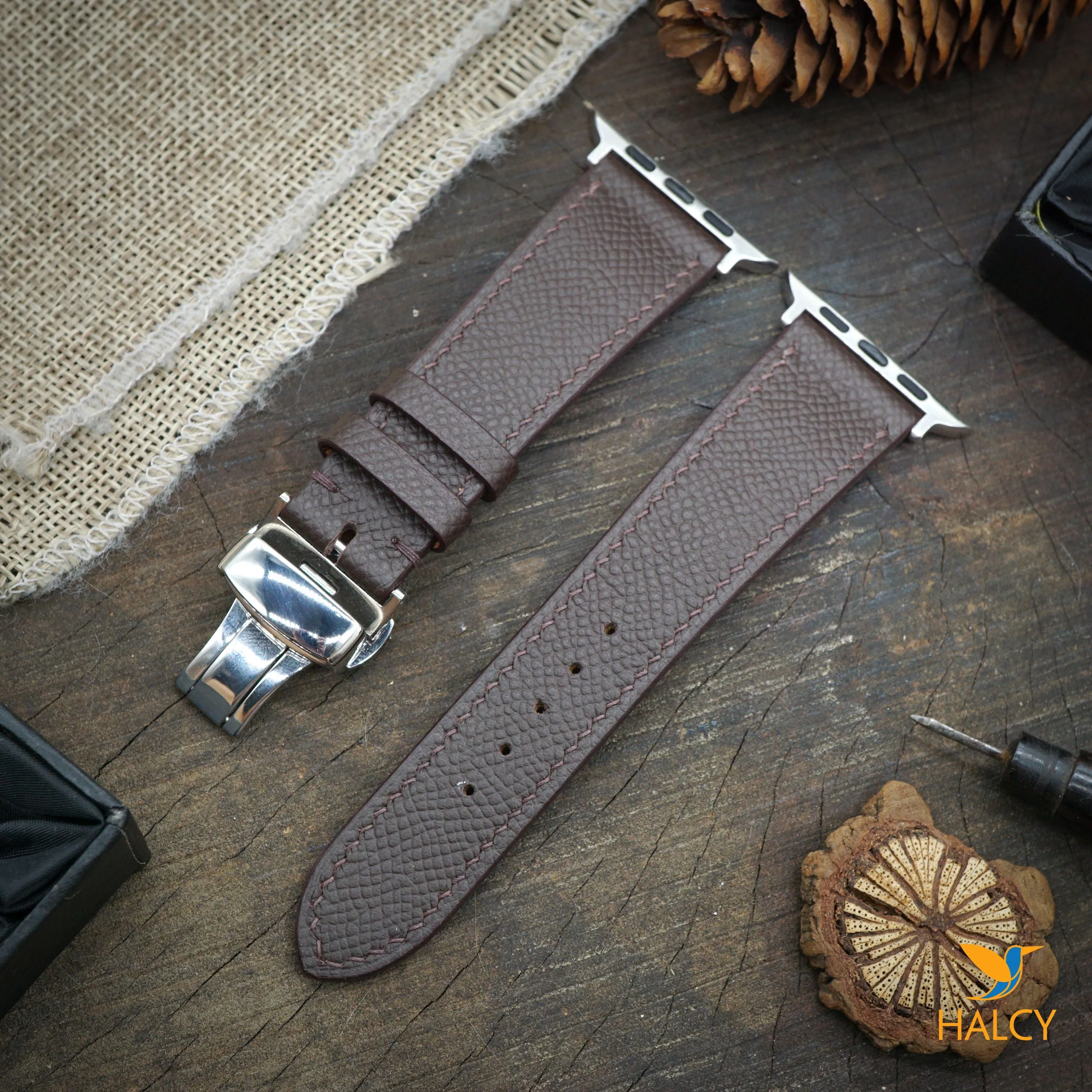 Custom Handmade Epsom Calf Leather Watch Band Fit for Apple watch Series 8, 7, 6, 5, 4, 3 : Choice of adapters and Steel Butterfly Clasp color