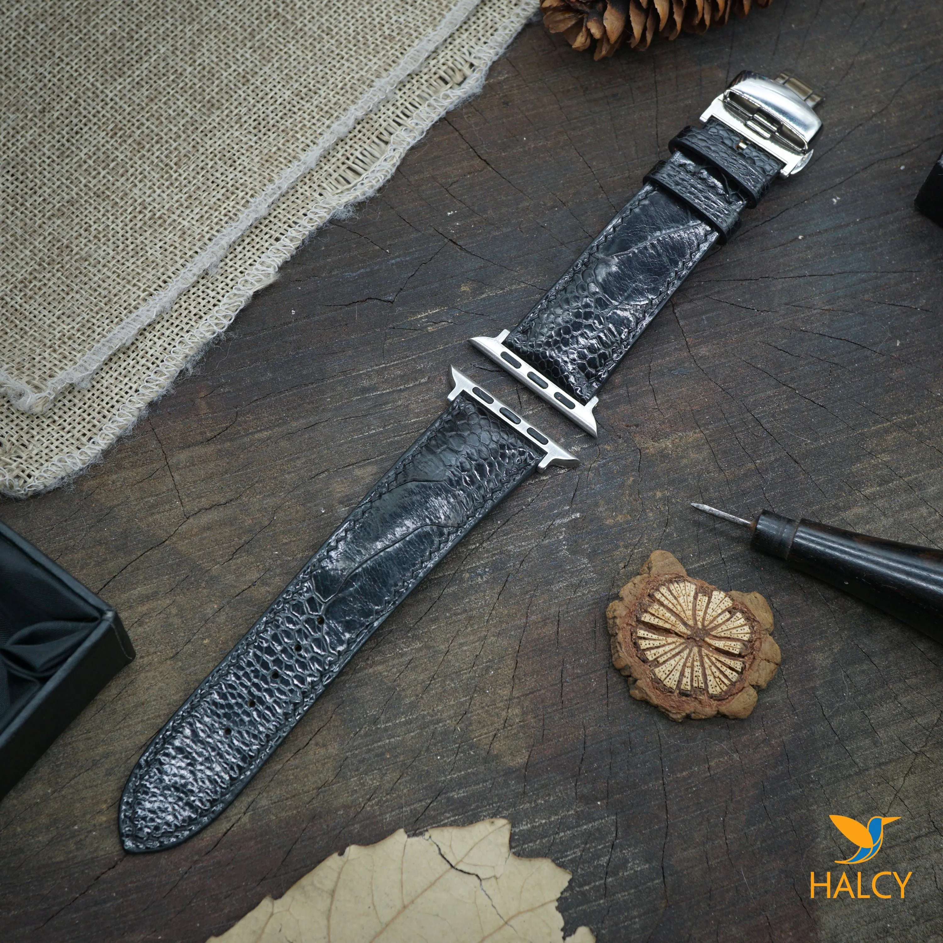 Custom Handmade  Ostrich Leg Leather Watch Band Fit for Apple watch Series 8, 7, 6, 5, 4, 3 : Choice of adapters and Steel Butterfly Clasp color