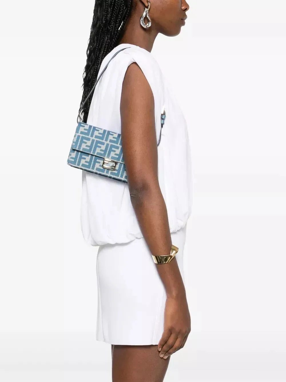 denim-effect ff jacquard wallet on chain baguette wallet