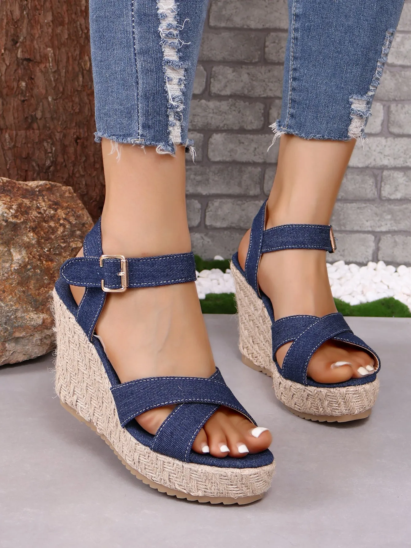 Denim open toe cross strap espadrilles wedge sandals