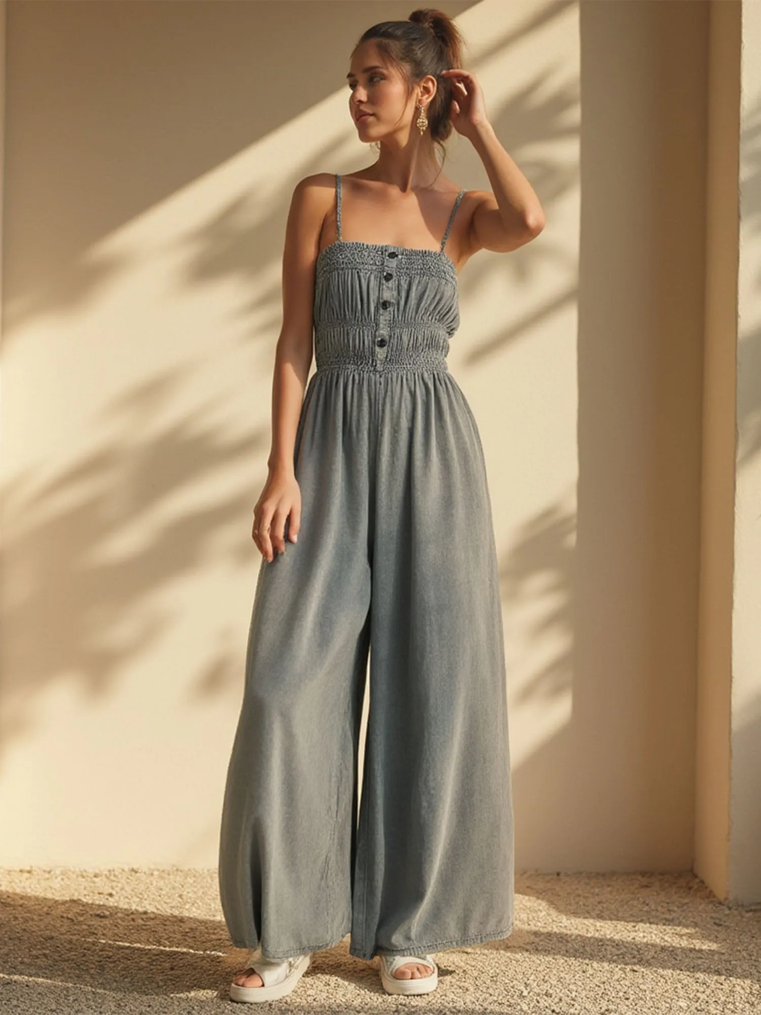 Denim Smocked Jumpsuit