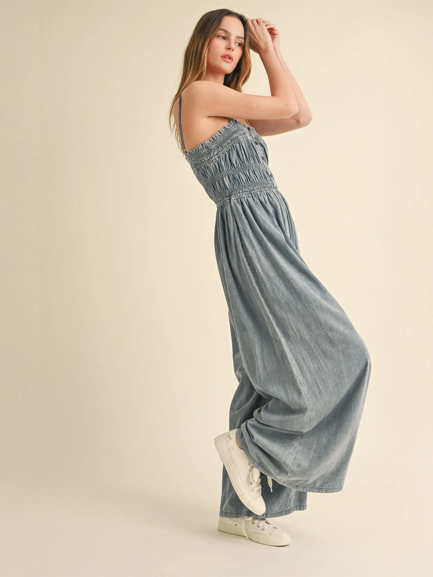Denim Smocked Jumpsuit