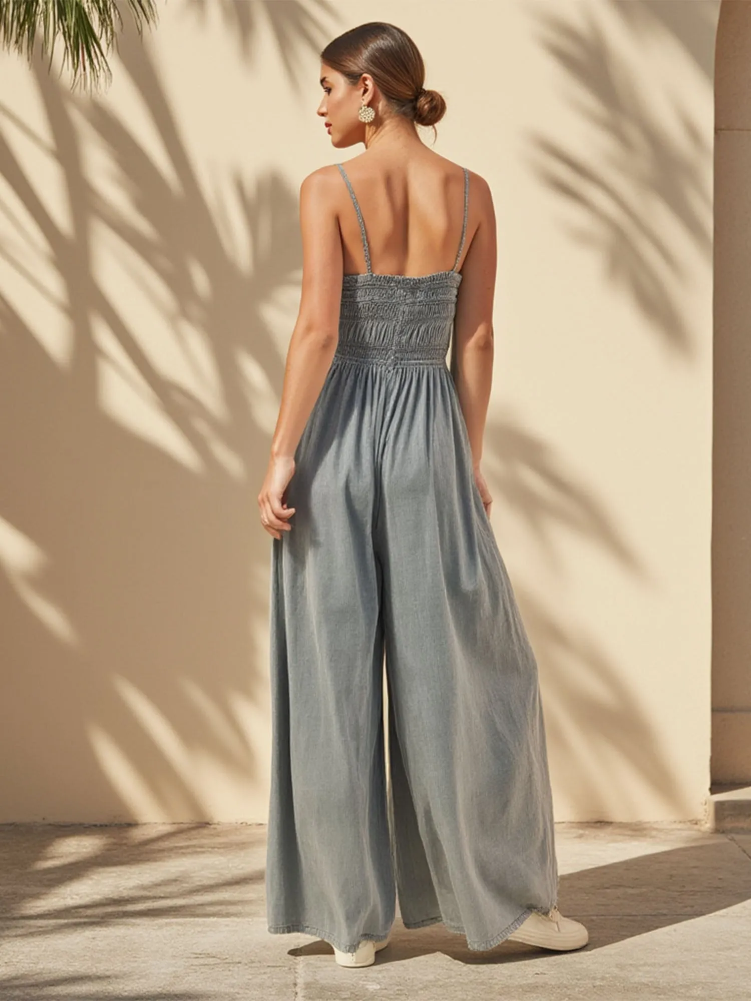 Denim Smocked Jumpsuit
