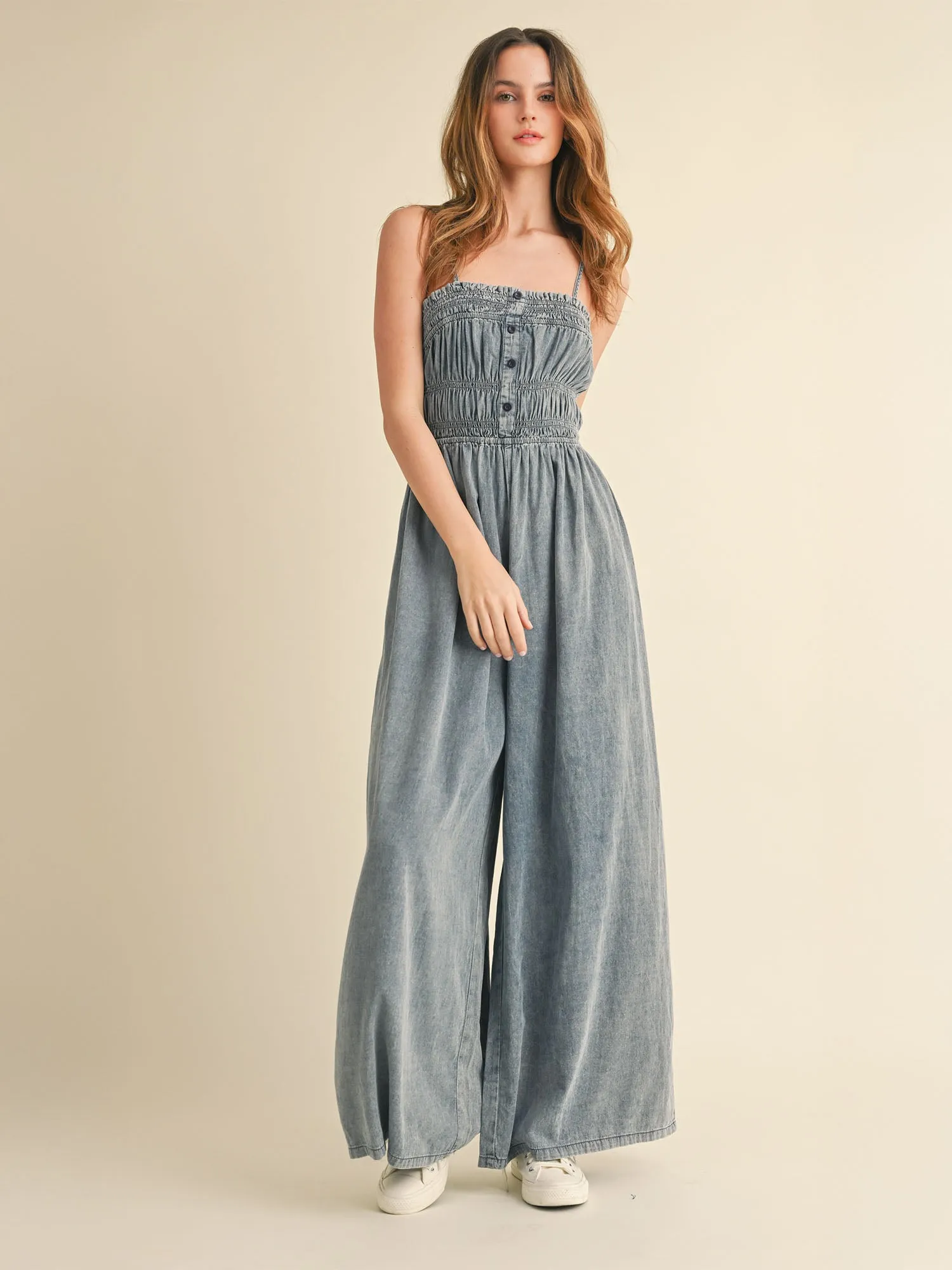 Denim Smocked Jumpsuit