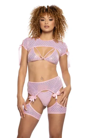 Diamond Sequin Mesh Bell-Sleeve Shrug - Pink JR123