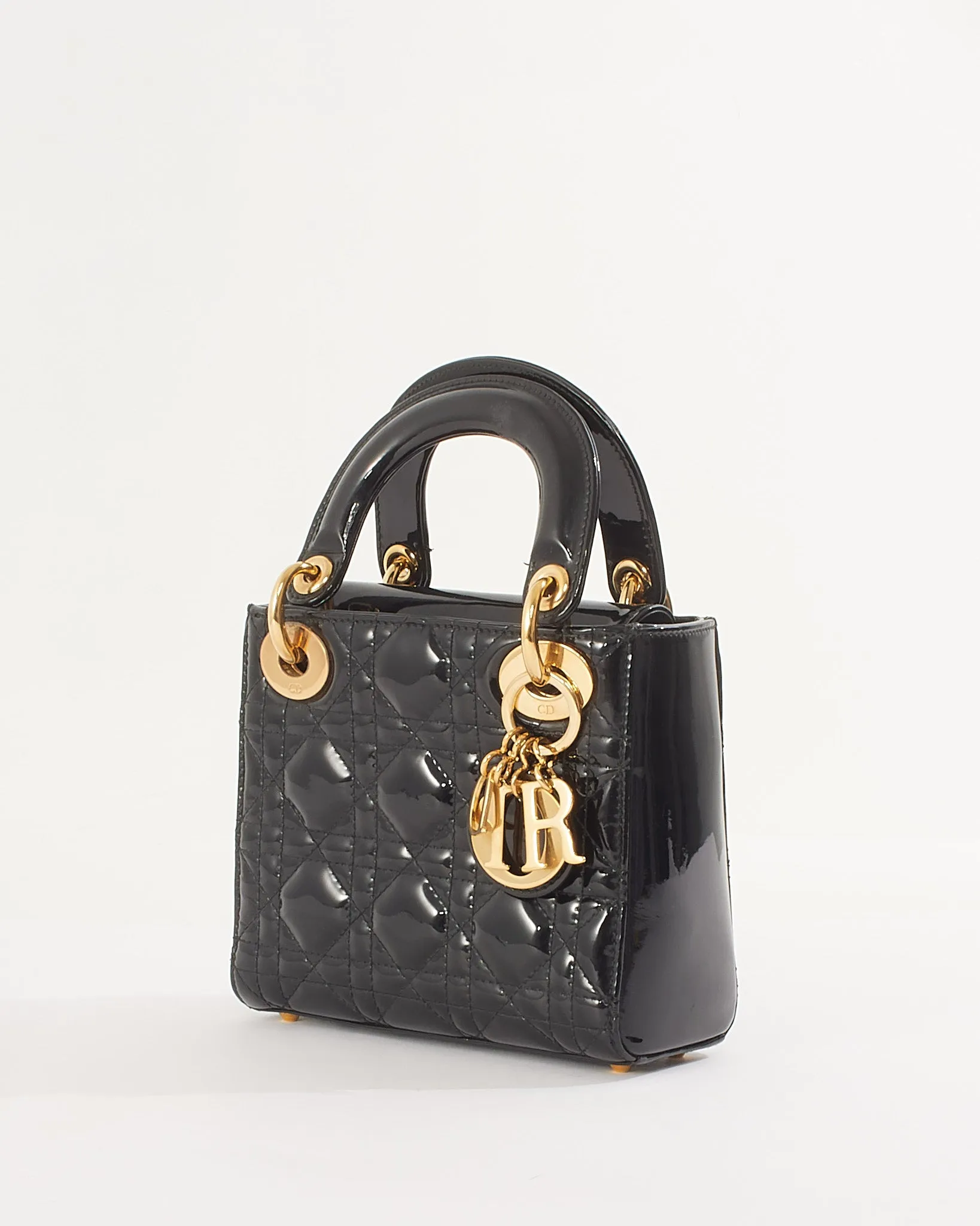 Dior Black Patent Cannage Leather Mini Lady Dior with Gold Hardware