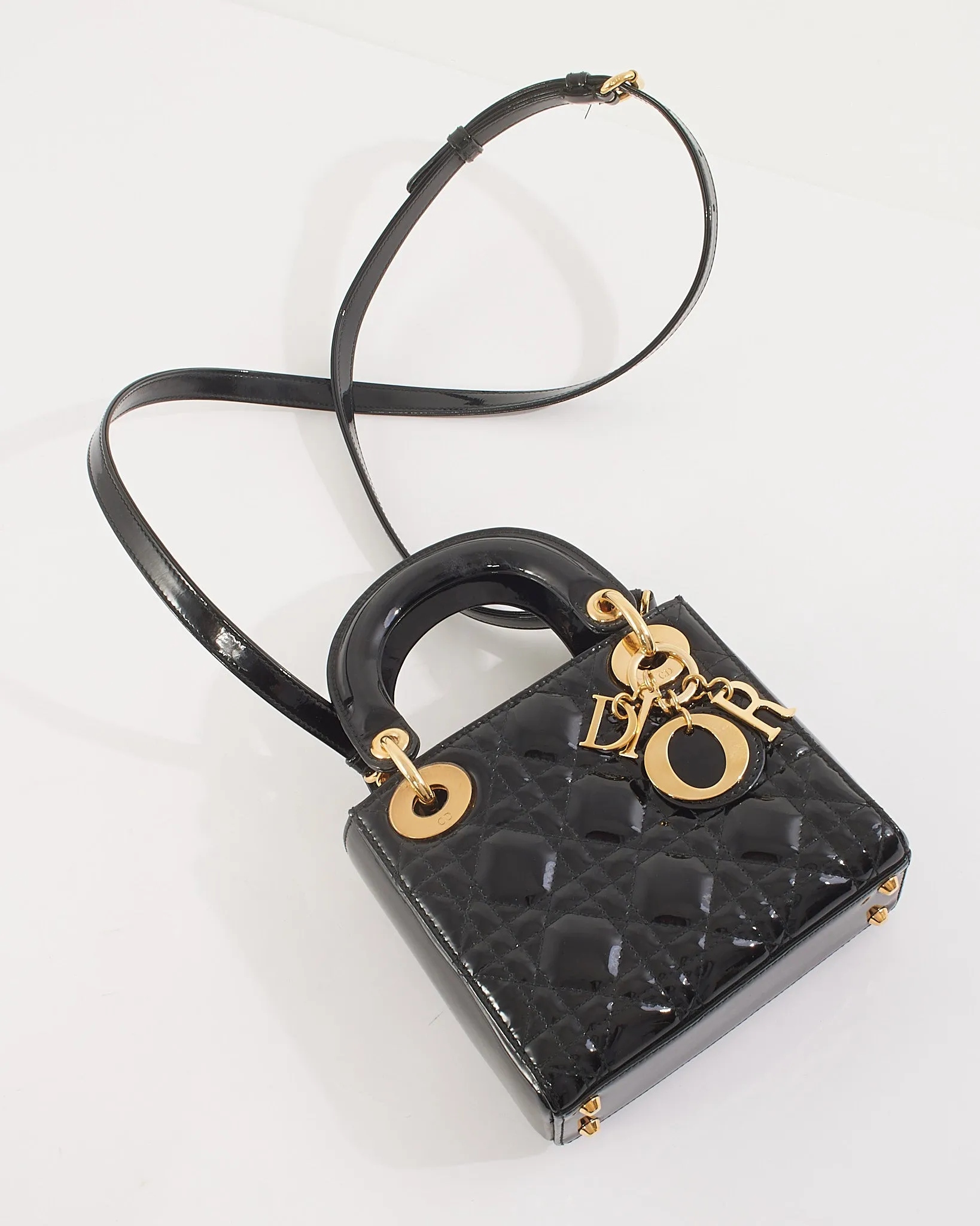 Dior Black Patent Cannage Leather Mini Lady Dior with Gold Hardware