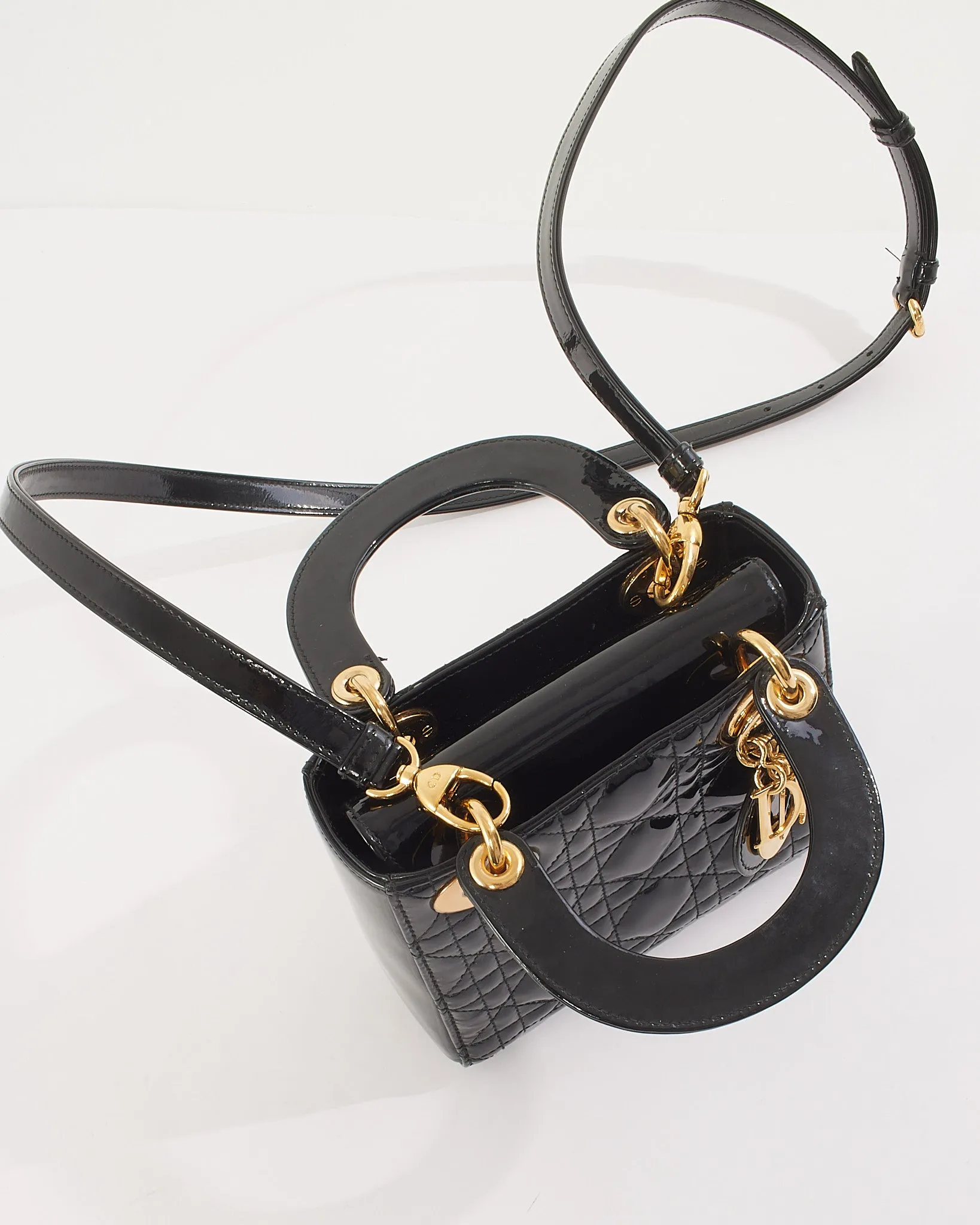 Dior Black Patent Cannage Leather Mini Lady Dior with Gold Hardware