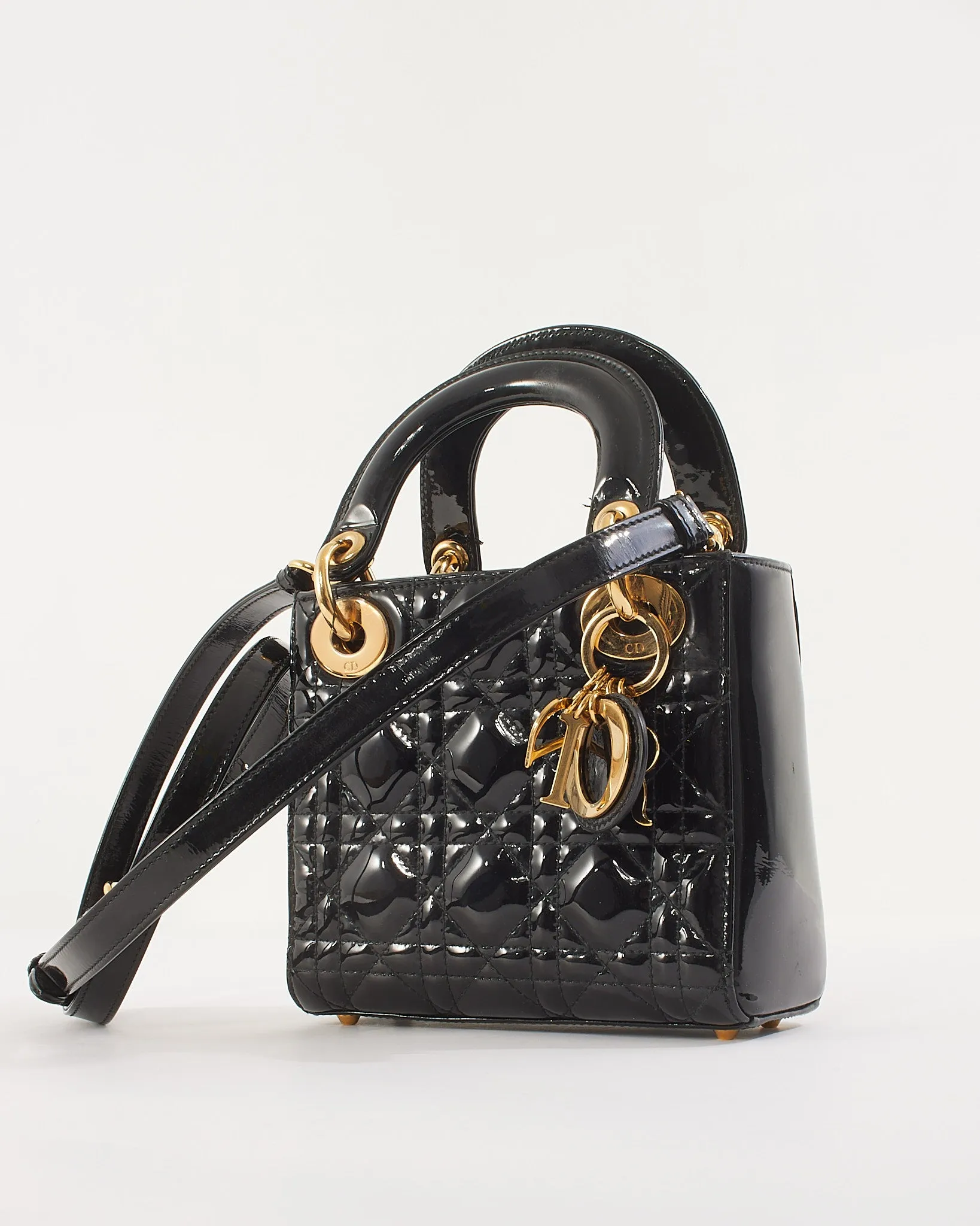 Dior Black Patent Cannage Leather Mini Lady Dior with Gold Hardware