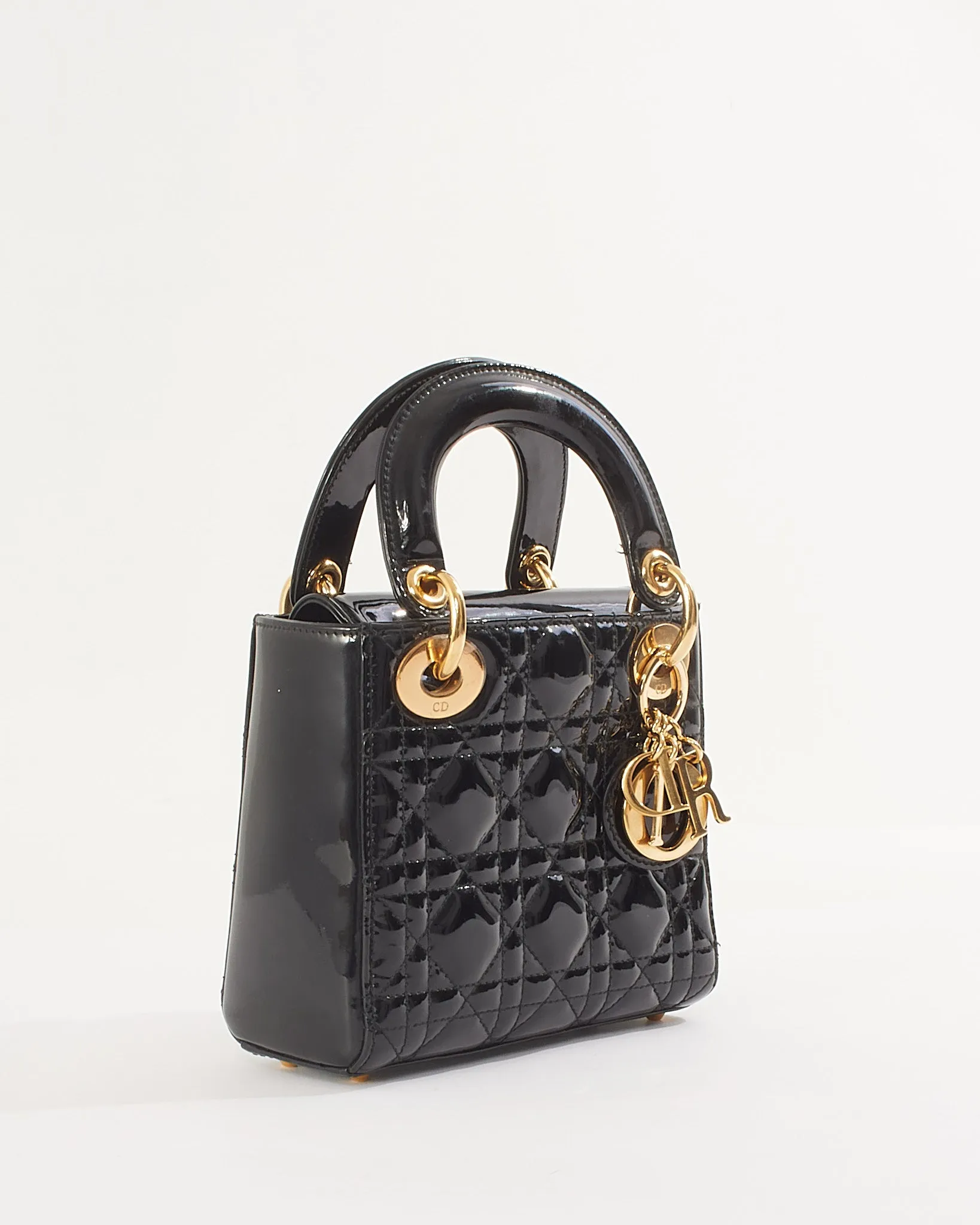 Dior Black Patent Cannage Leather Mini Lady Dior with Gold Hardware