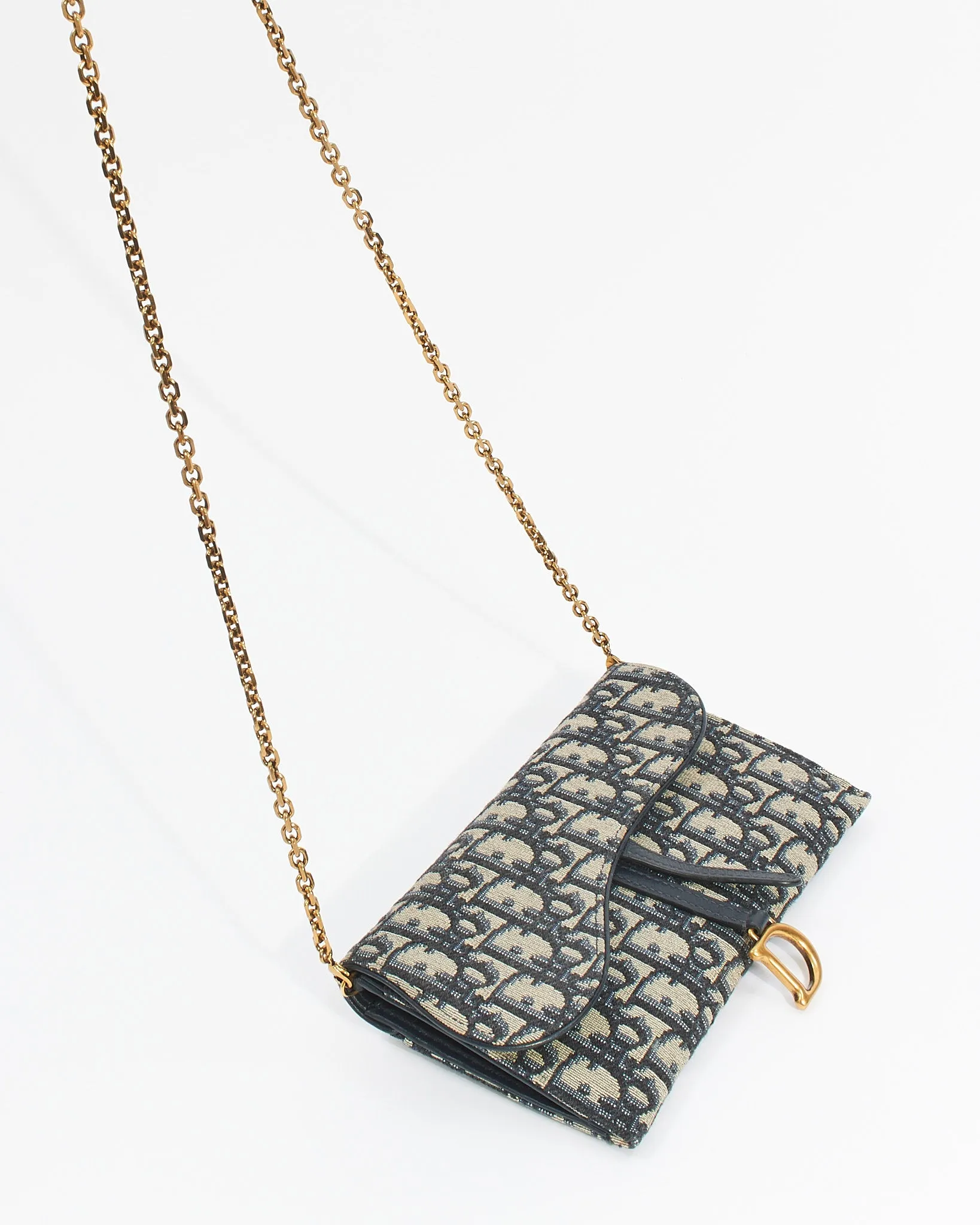 Dior Blue Oblique Canvas Long Saddle Wallet with Chain