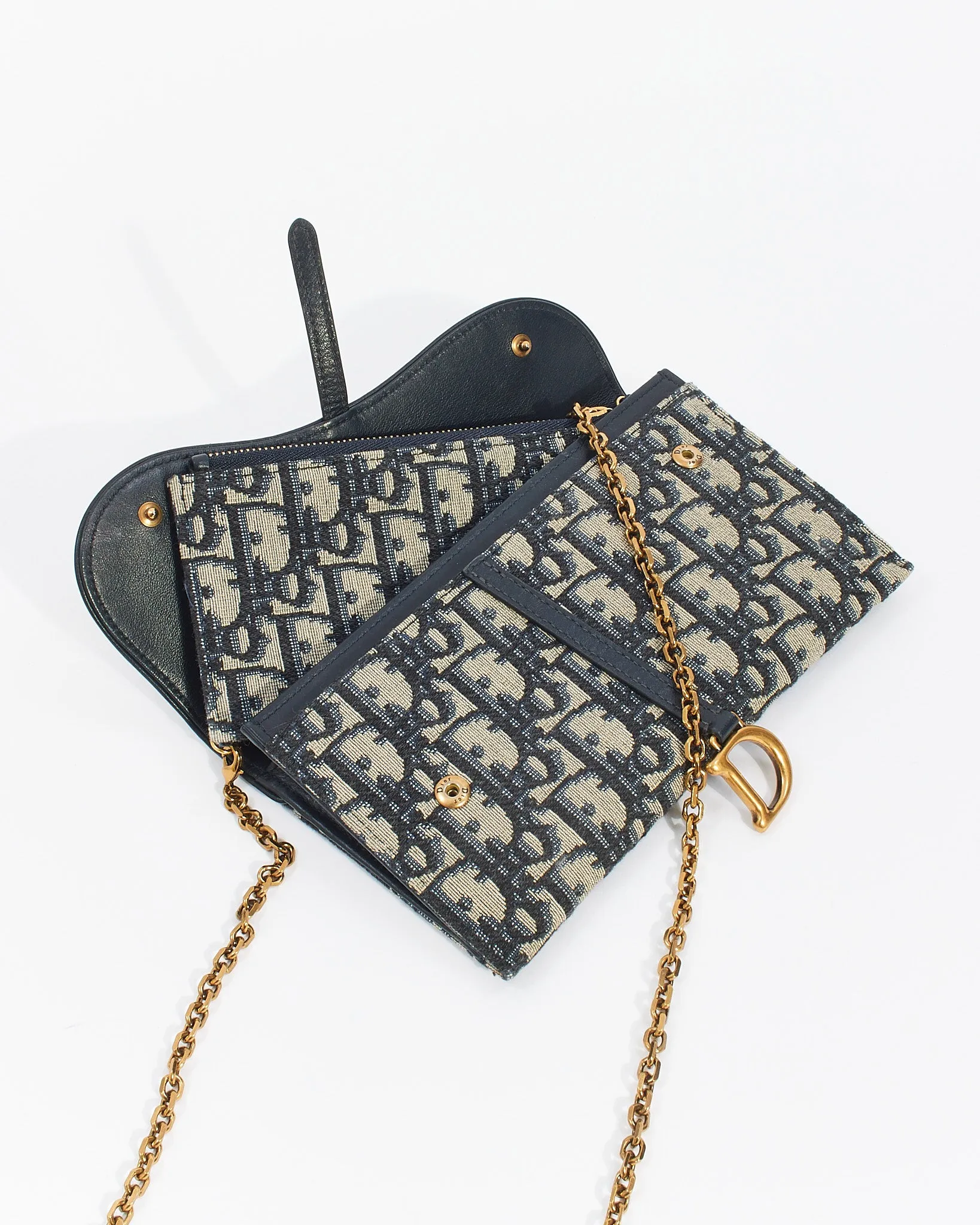 Dior Blue Oblique Canvas Long Saddle Wallet with Chain