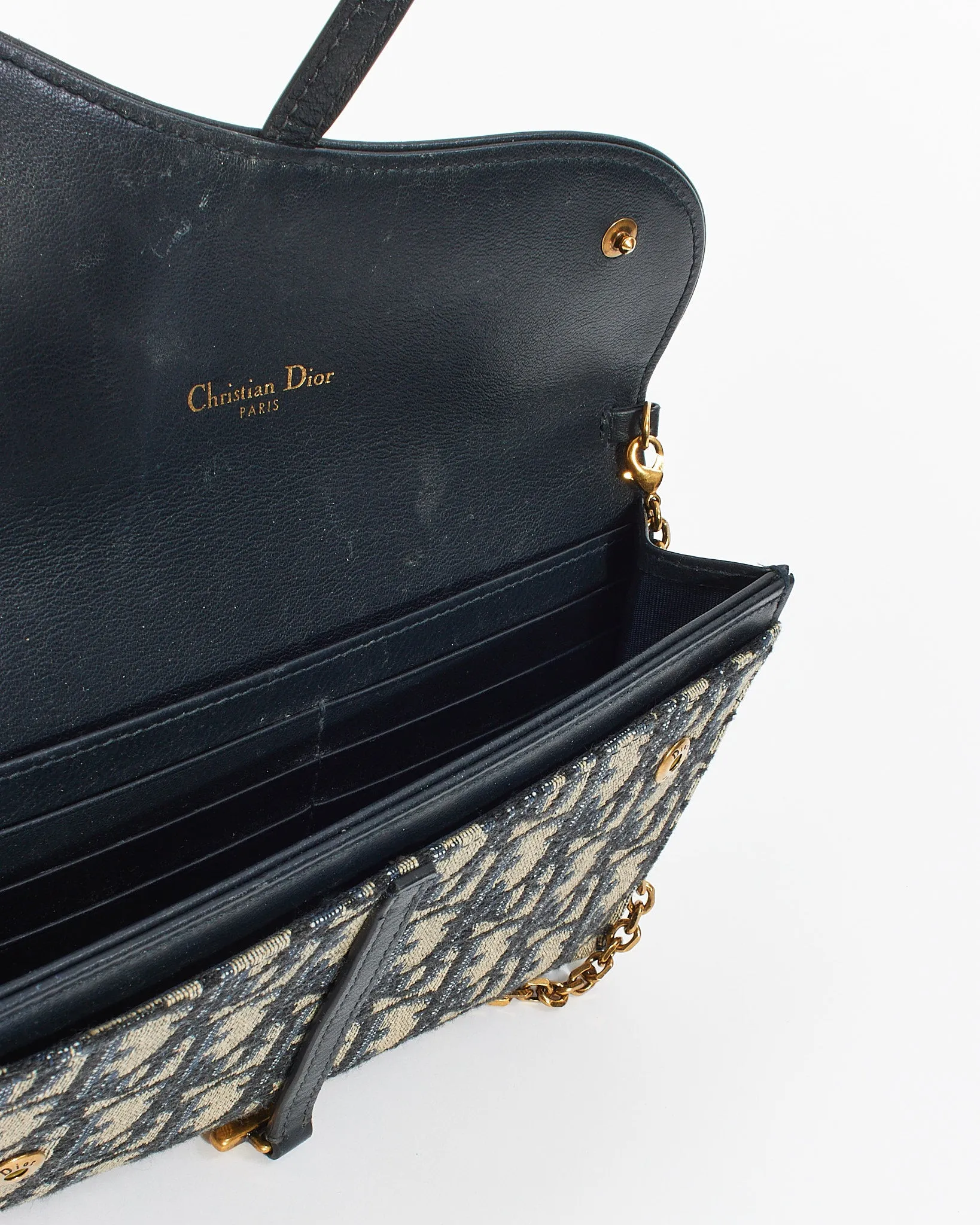 Dior Blue Oblique Canvas Long Saddle Wallet with Chain