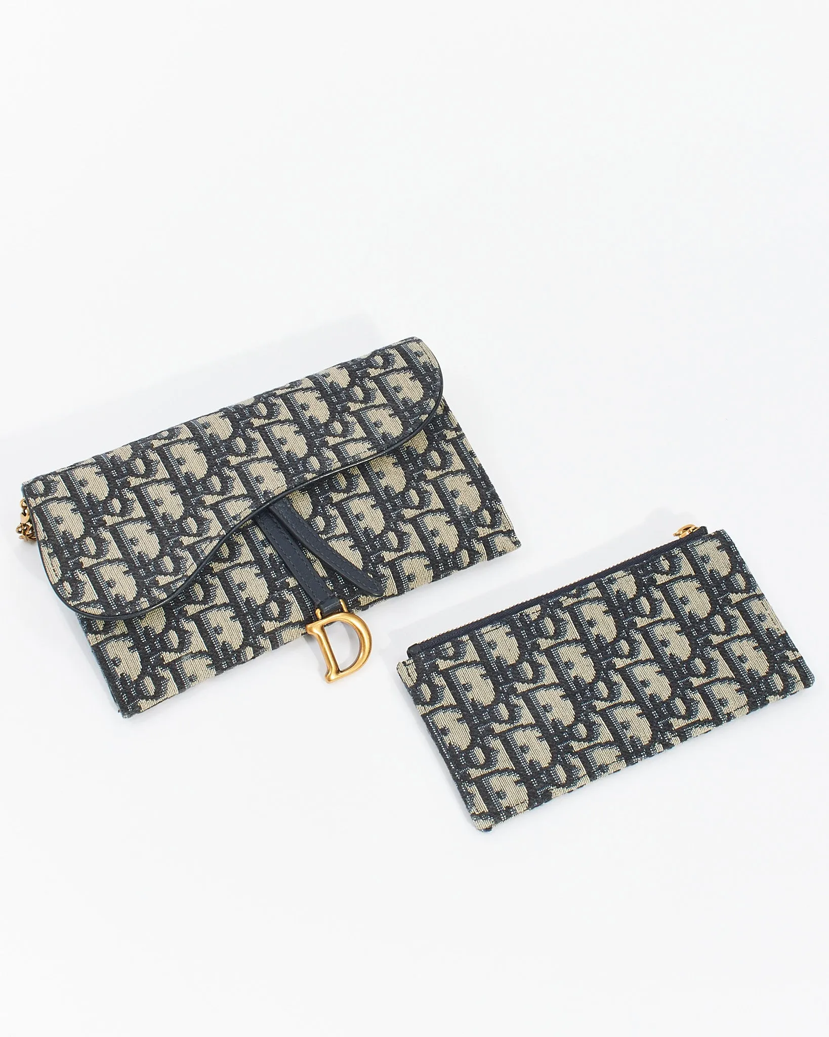 Dior Blue Oblique Canvas Long Saddle Wallet with Chain