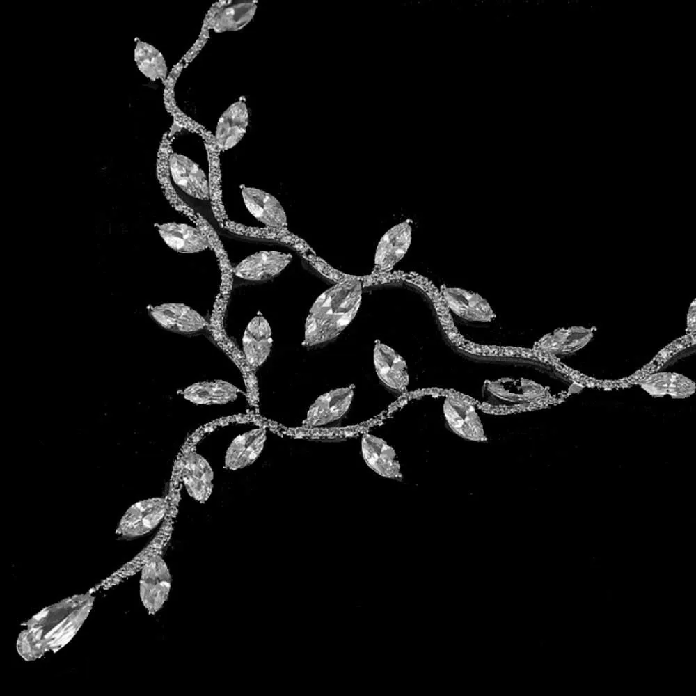 Dramatic Leaf Vines Cubic Zirconia Wedding Necklace and Earrings Set