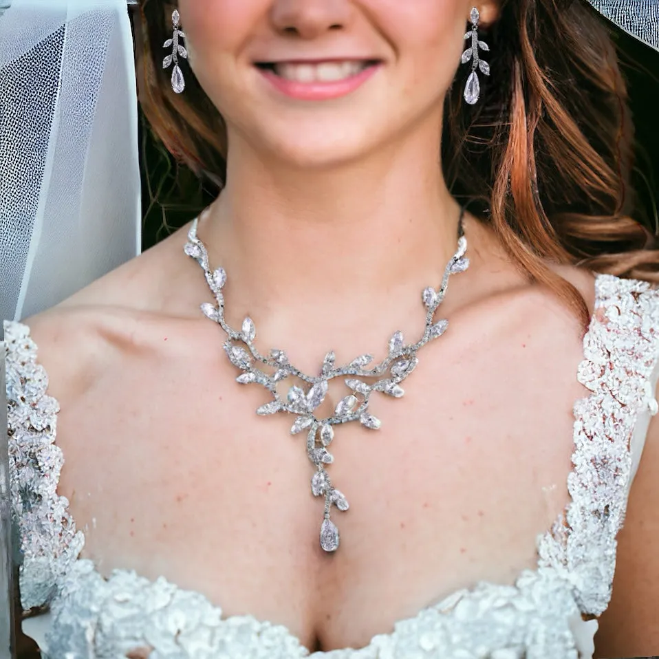 Dramatic Leaf Vines Cubic Zirconia Wedding Necklace and Earrings Set