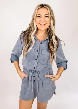 Dusty Blue Rolled Sleeve Romper