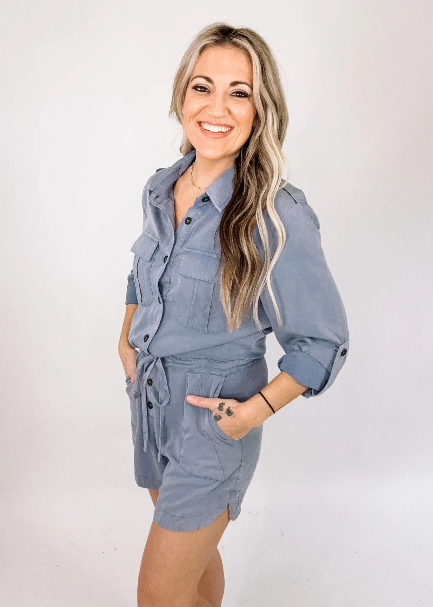 Dusty Blue Rolled Sleeve Romper