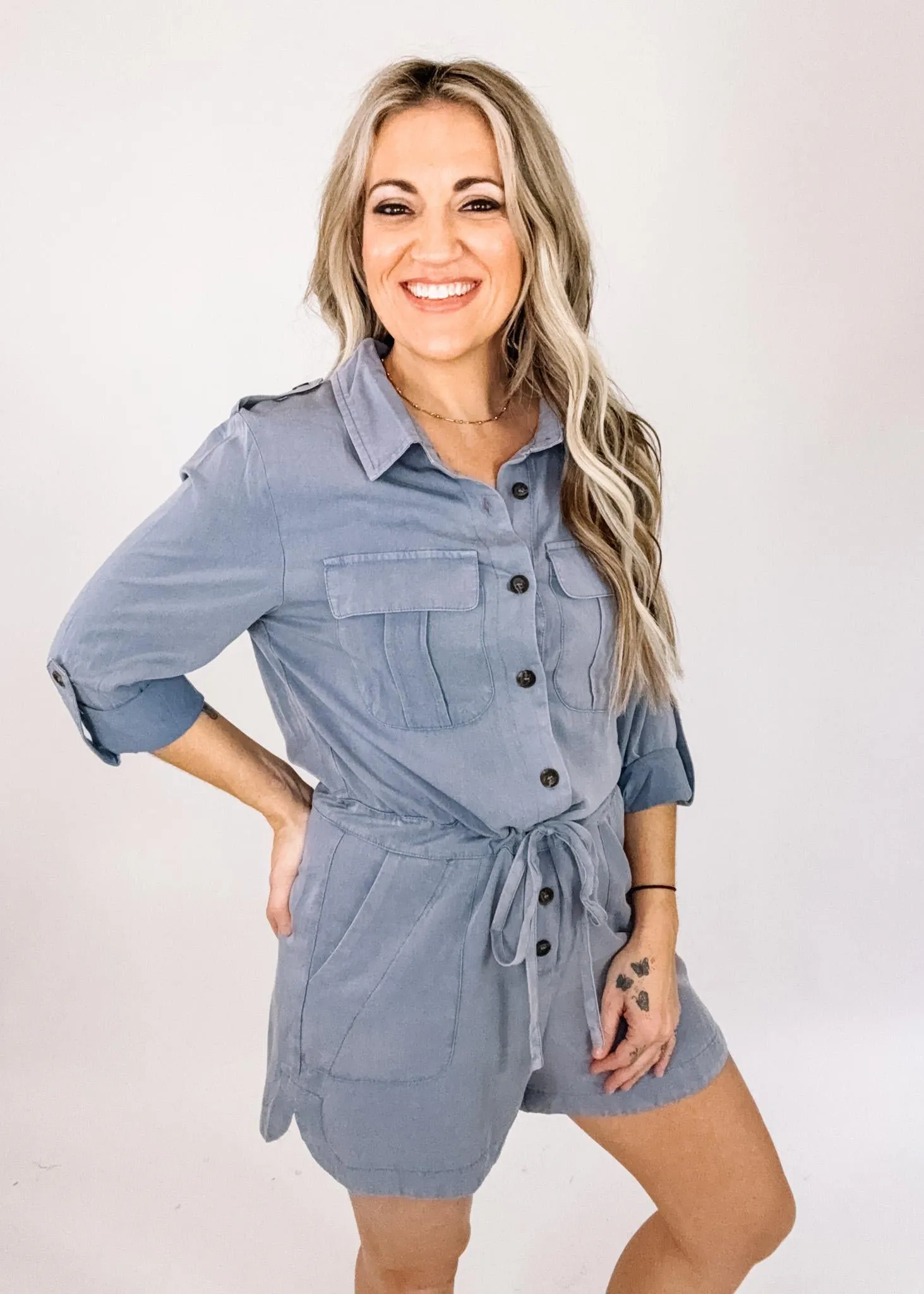 Dusty Blue Rolled Sleeve Romper