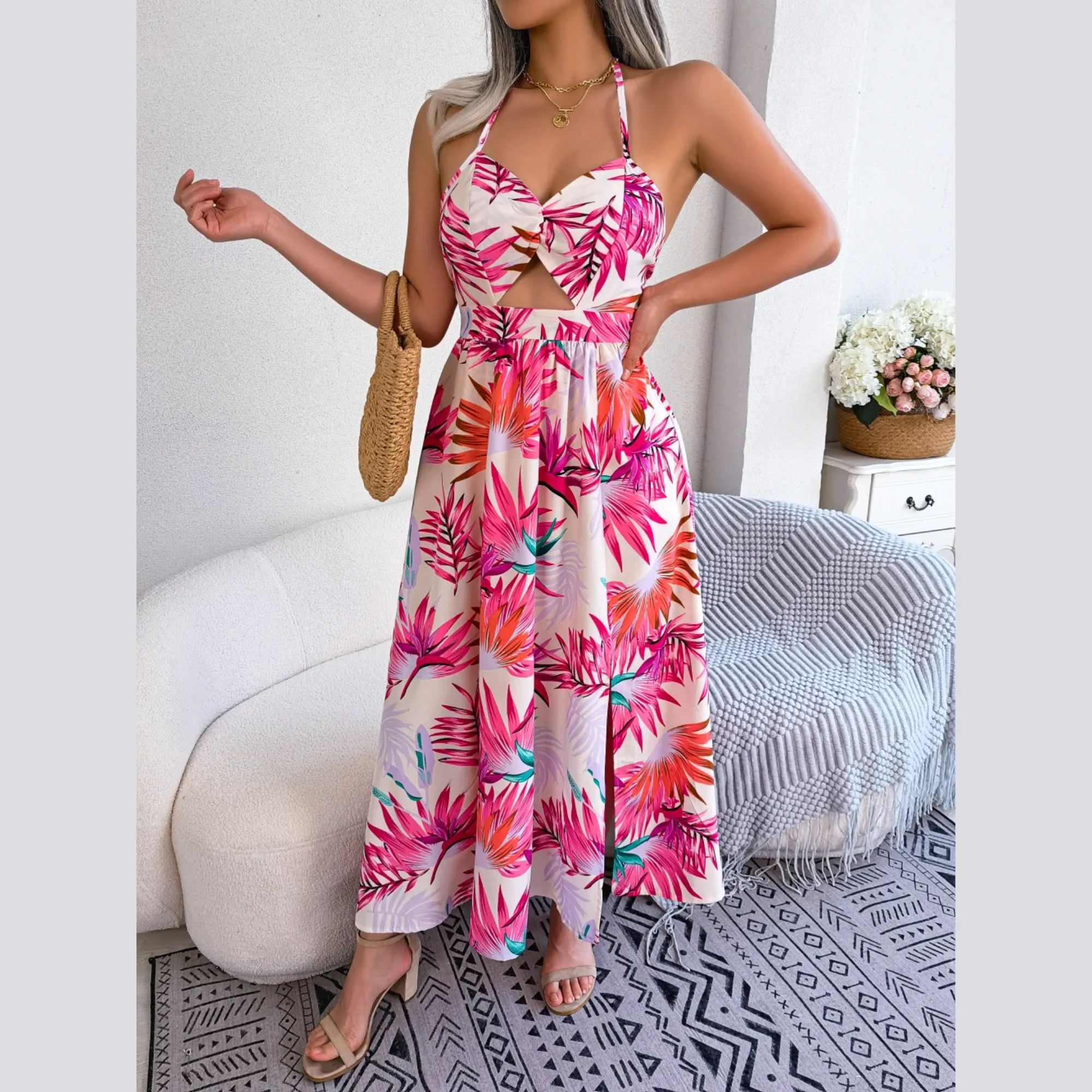 Eloise - White Floral Cutout Halter Dress