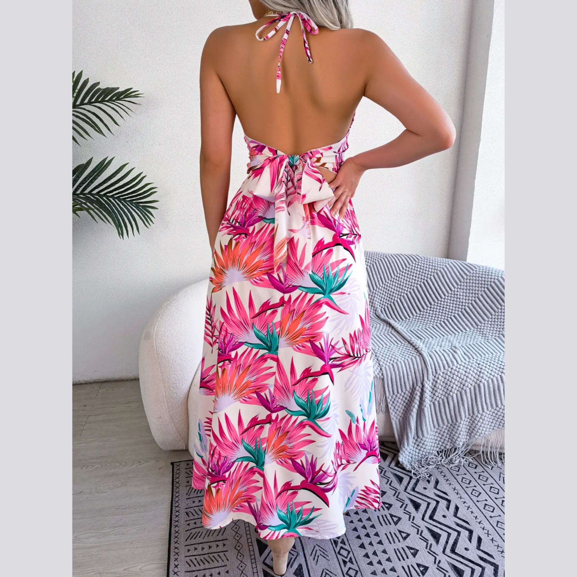Eloise - White Floral Cutout Halter Dress