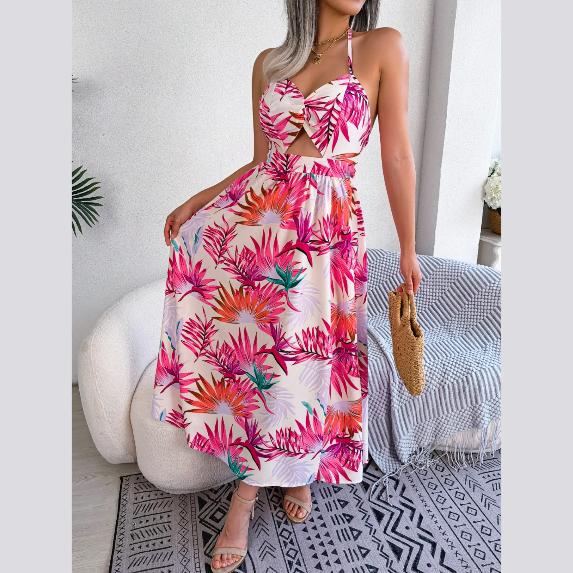 Eloise - White Floral Cutout Halter Dress