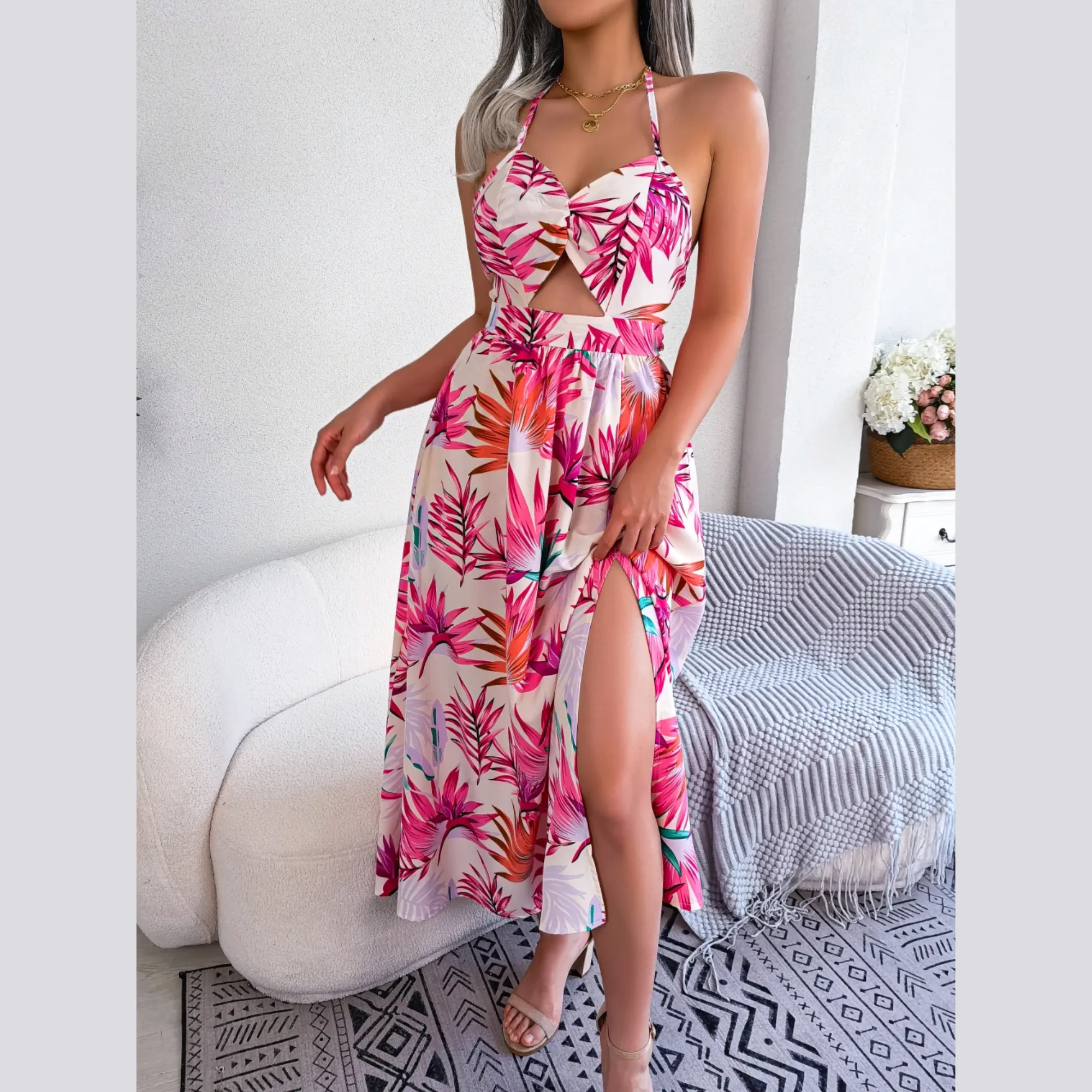 Eloise - White Floral Cutout Halter Dress