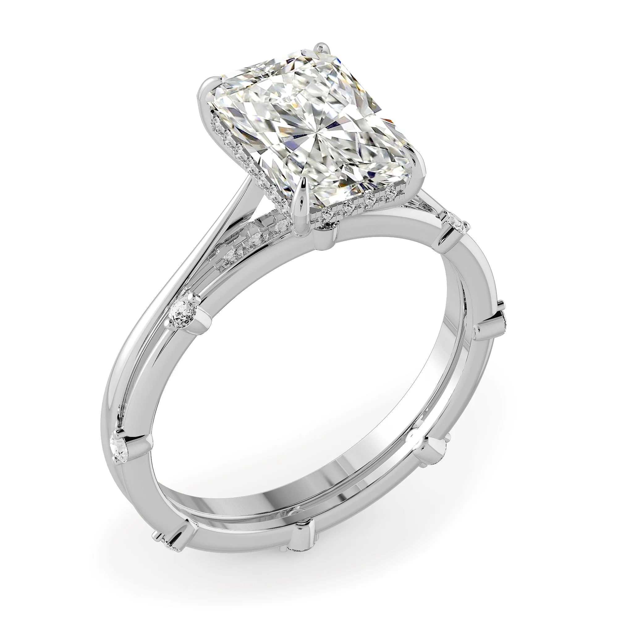 Elongated Radiant Cut Hidden Halo Cathedral Women Wedding Rings Set - 601