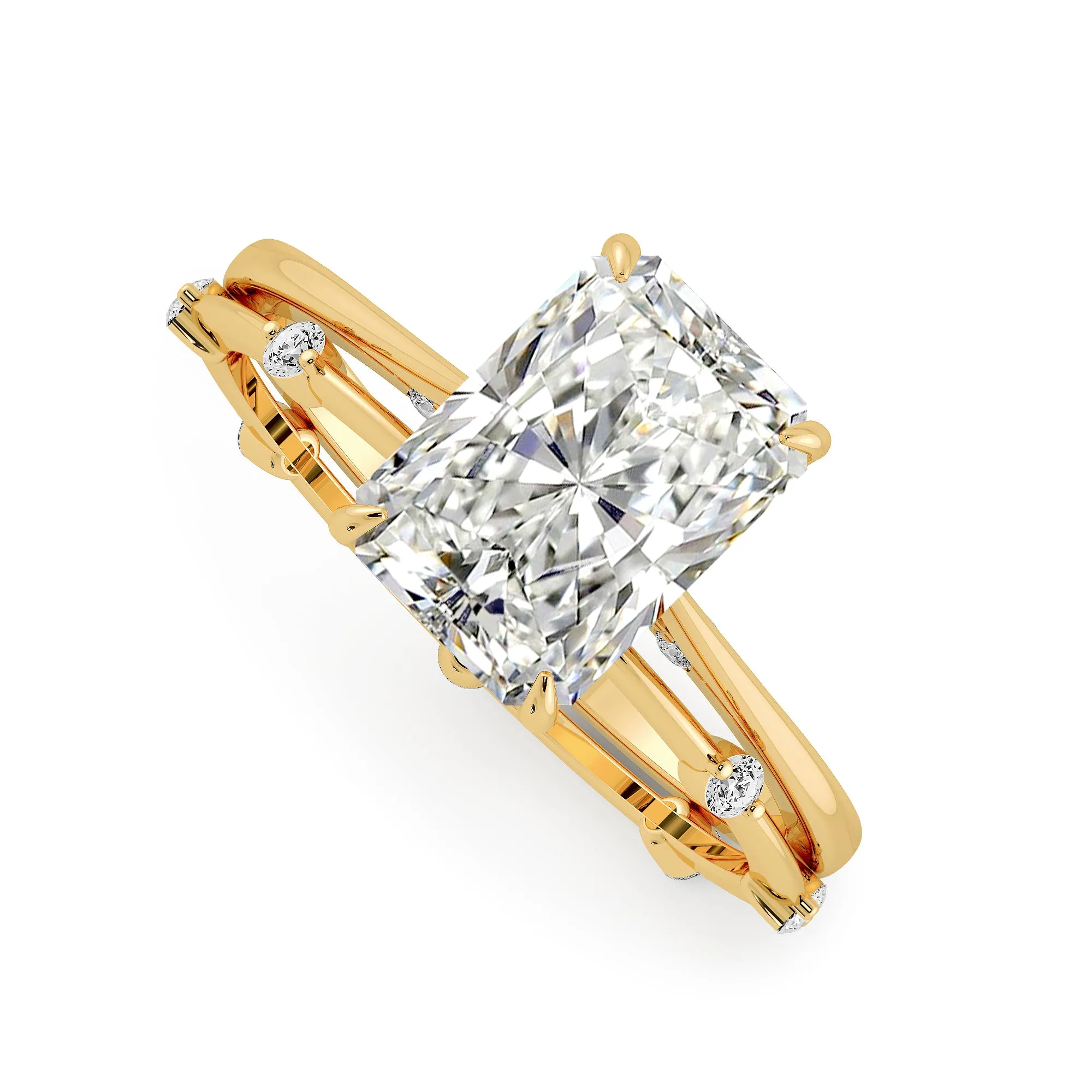Elongated Radiant Cut Hidden Halo Cathedral Women Wedding Rings Set - 601
