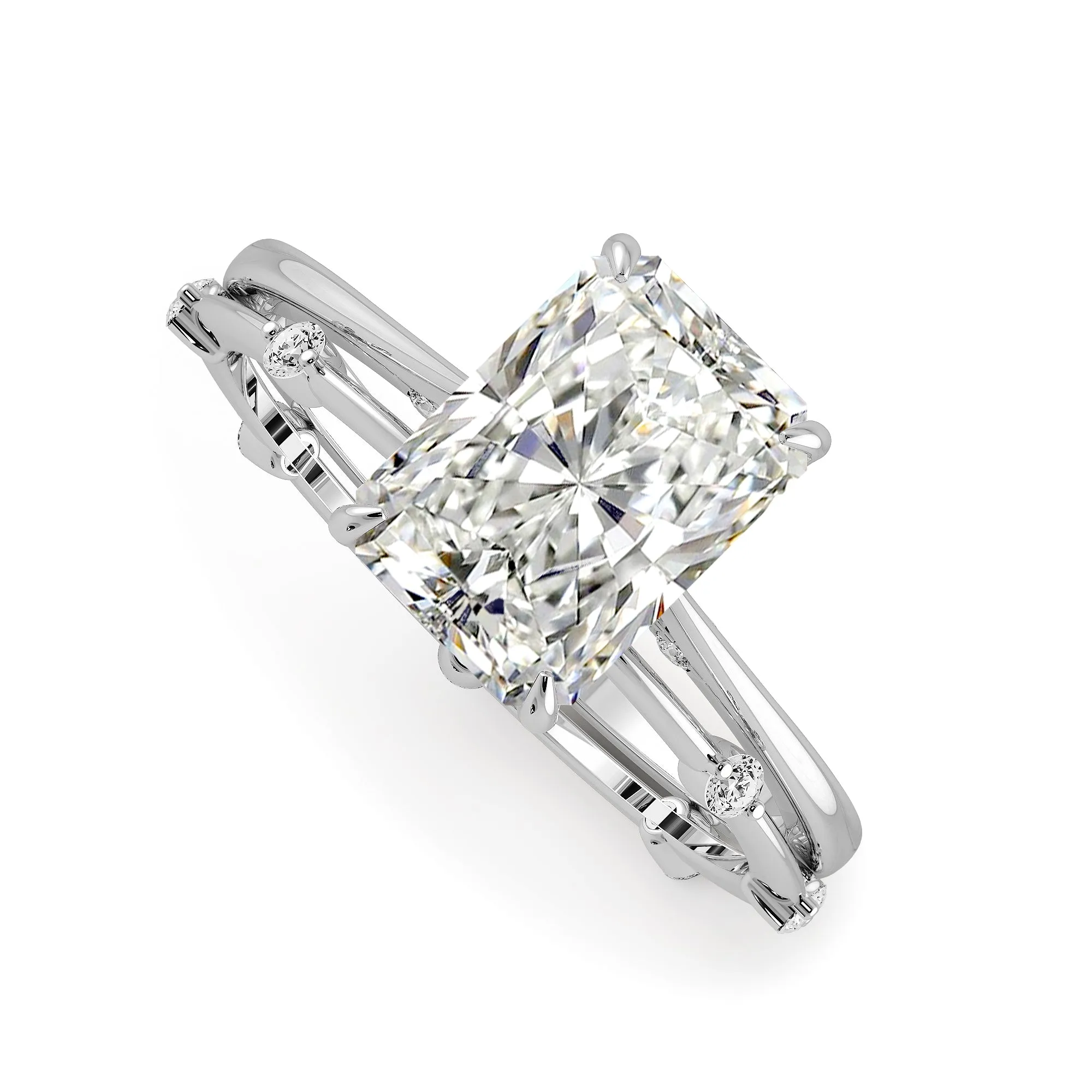 Elongated Radiant Cut Hidden Halo Cathedral Women Wedding Rings Set - 601