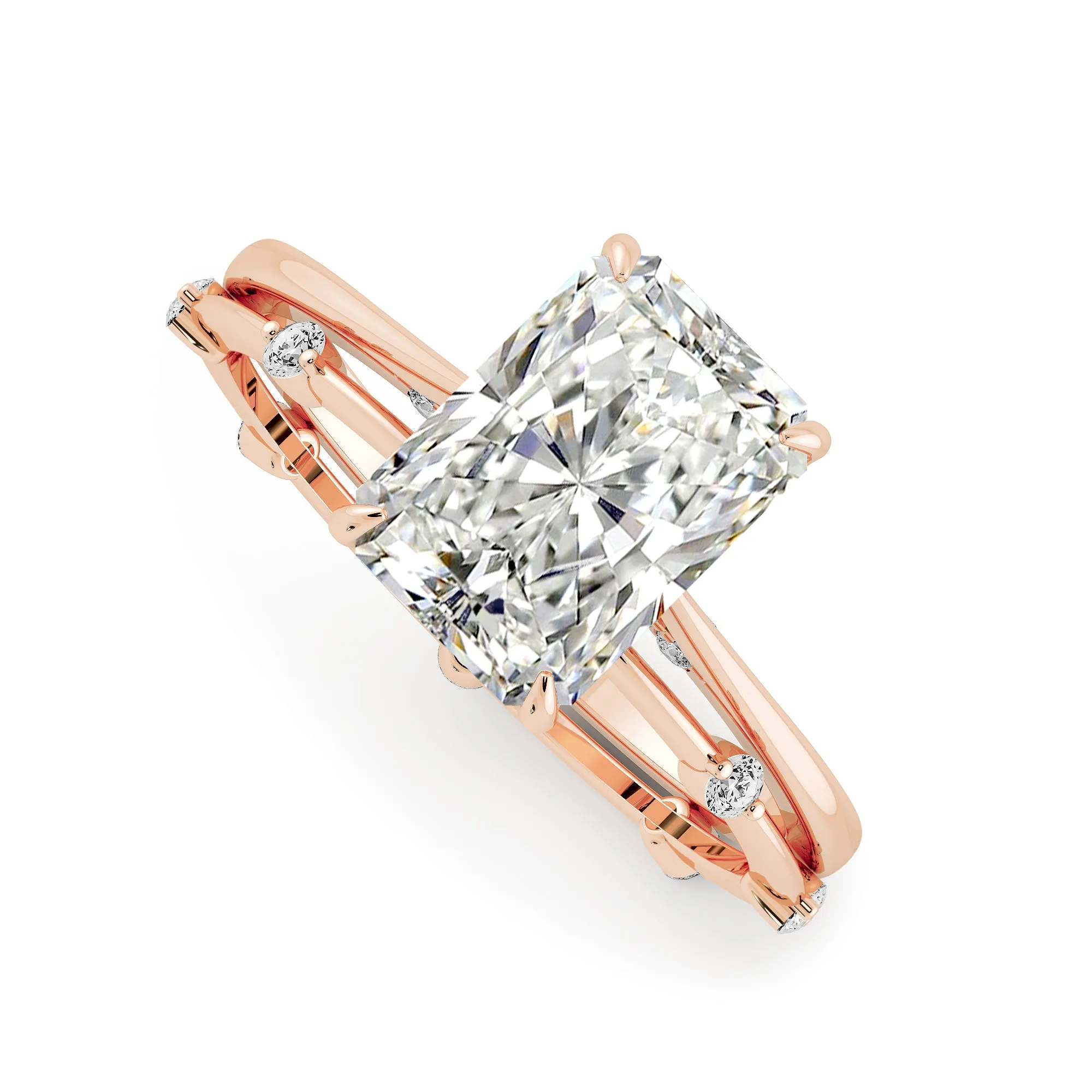 Elongated Radiant Cut Hidden Halo Cathedral Women Wedding Rings Set - 601