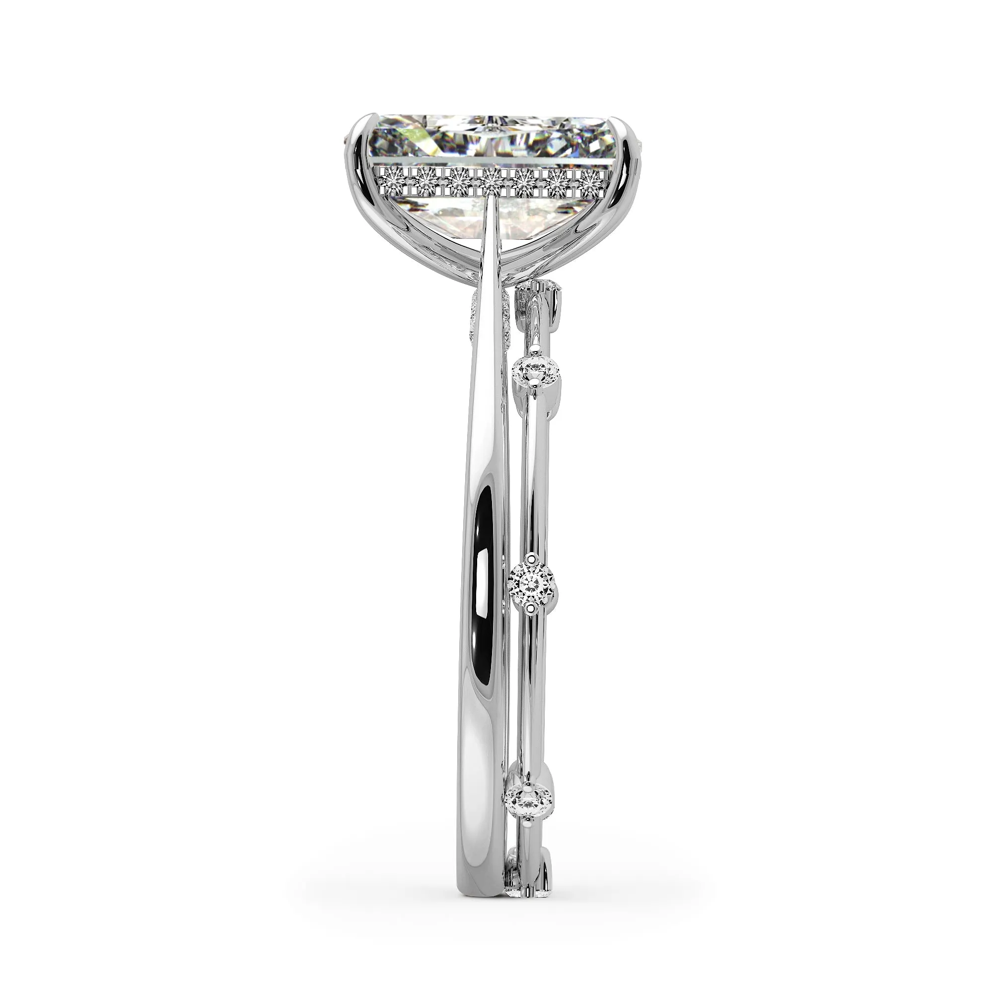 Elongated Radiant Cut Hidden Halo Cathedral Women Wedding Rings Set - 601