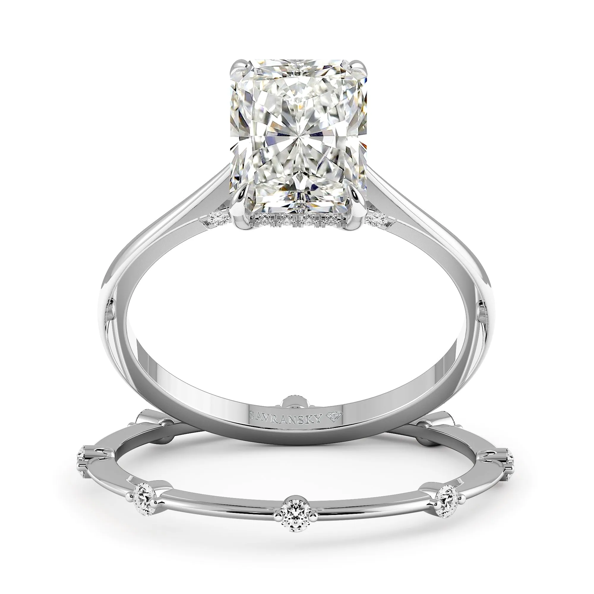 Elongated Radiant Cut Hidden Halo Cathedral Women Wedding Rings Set - 601