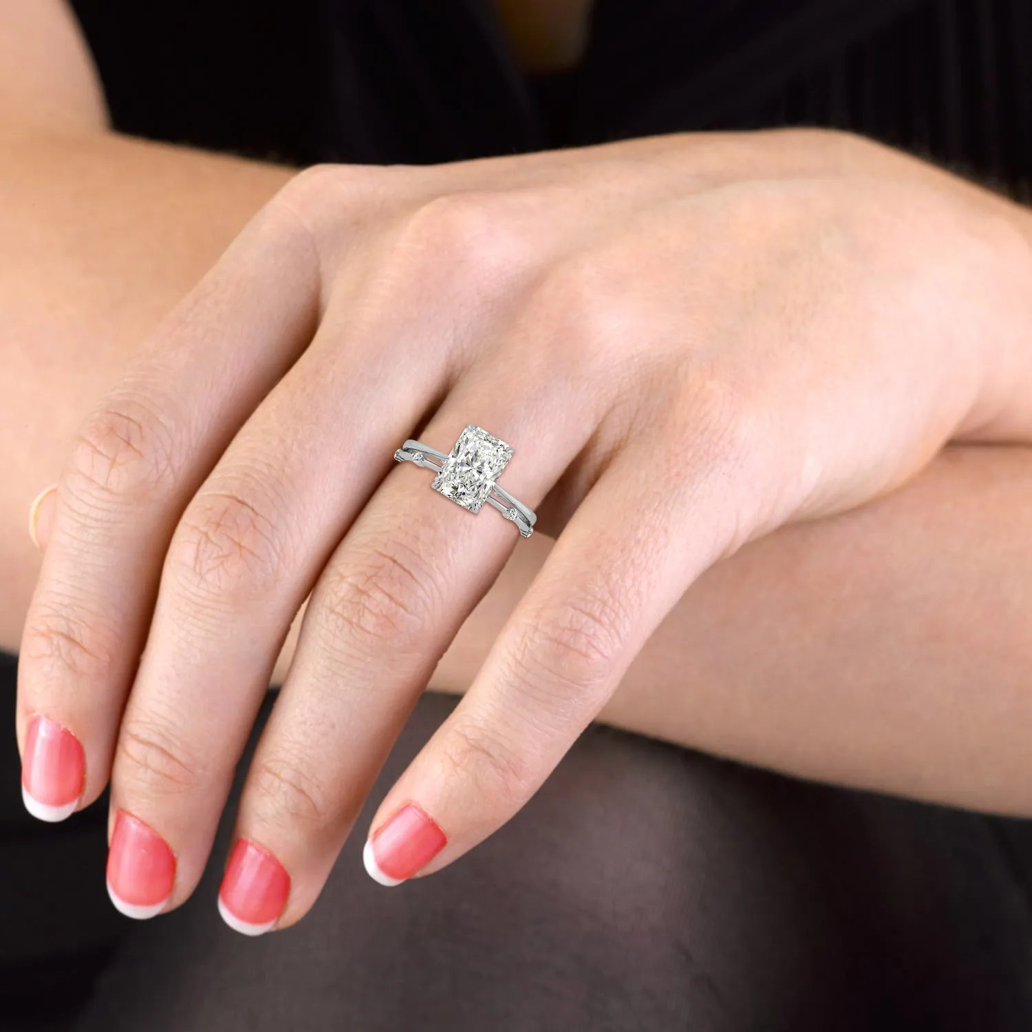 Elongated Radiant Cut Hidden Halo Cathedral Women Wedding Rings Set - 601