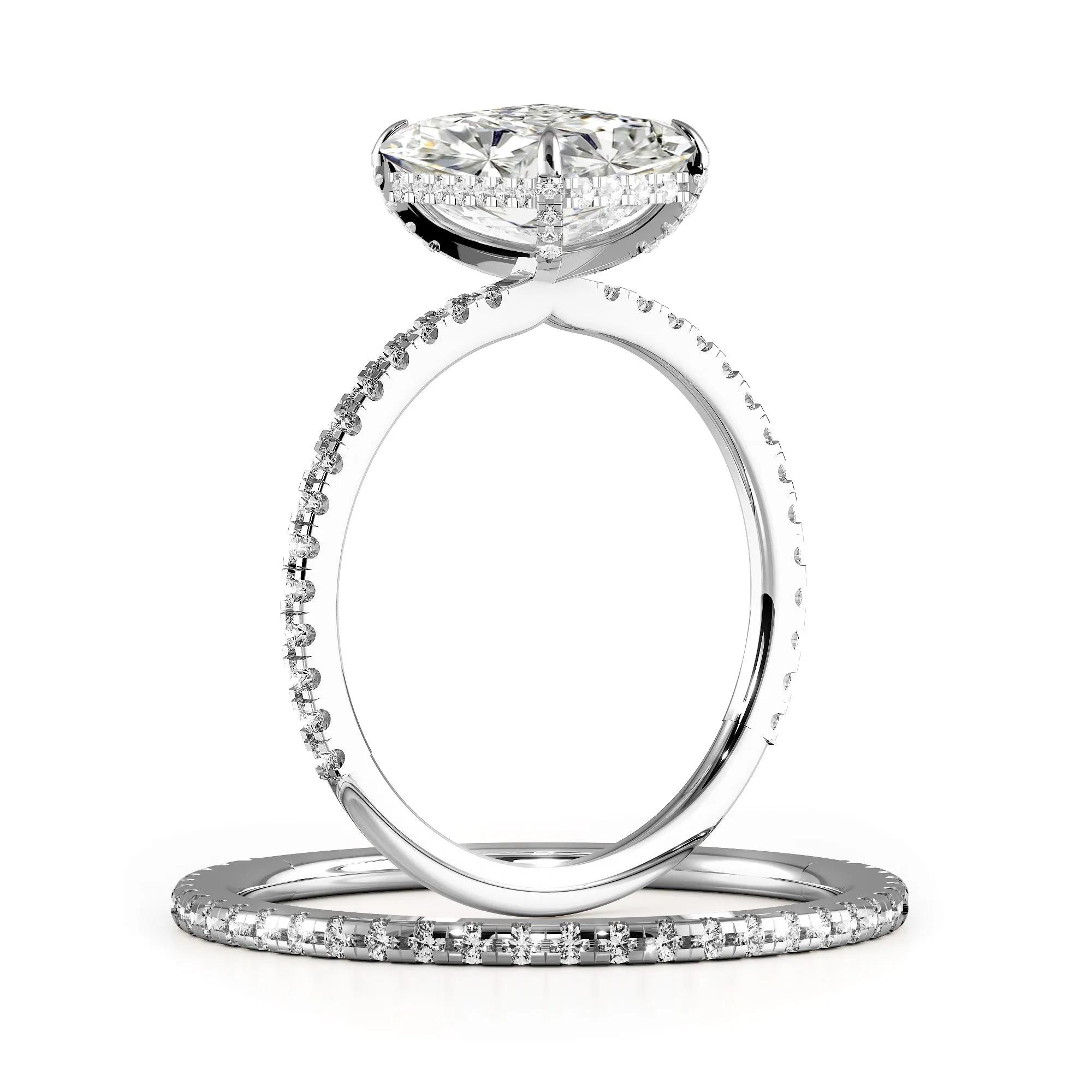 Elongated Radiant Cut Hidden Halo Pave Engagement Ring Bridal Set - 605