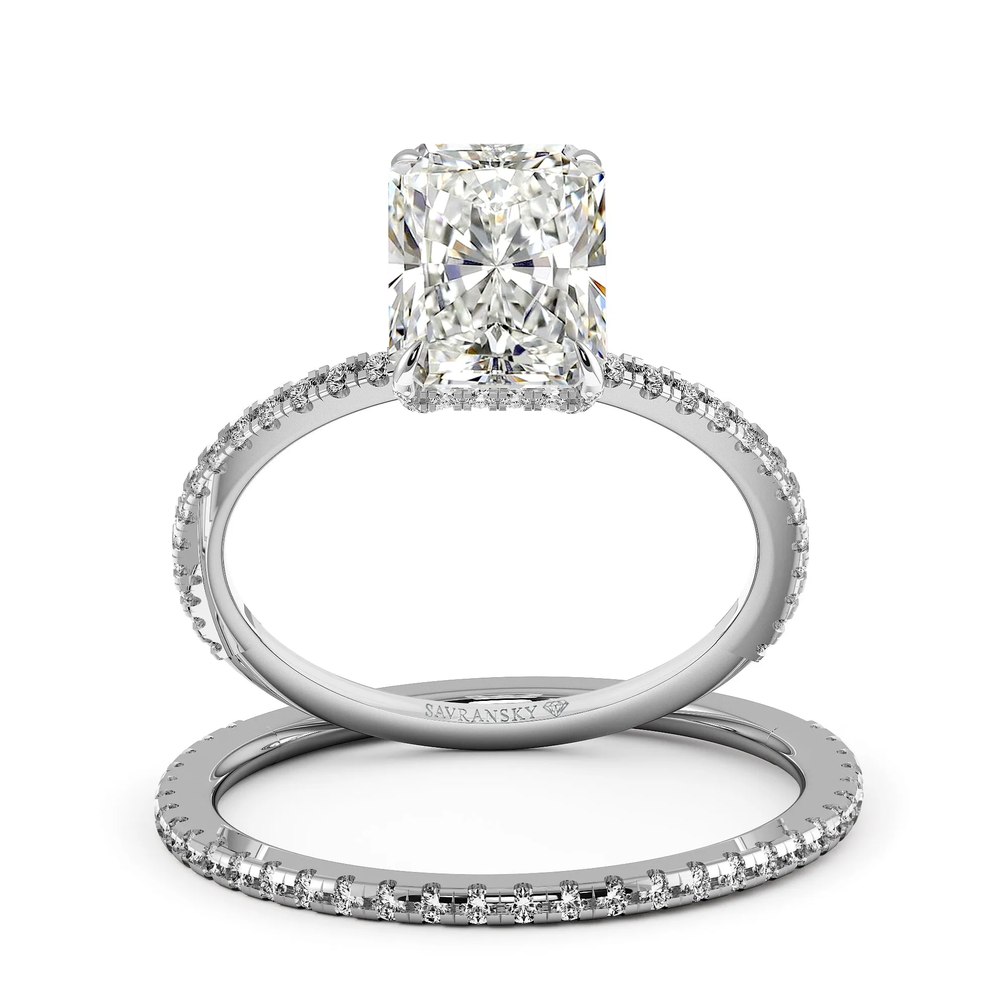 Elongated Radiant Cut Hidden Halo Pave Engagement Ring Bridal Set - 605